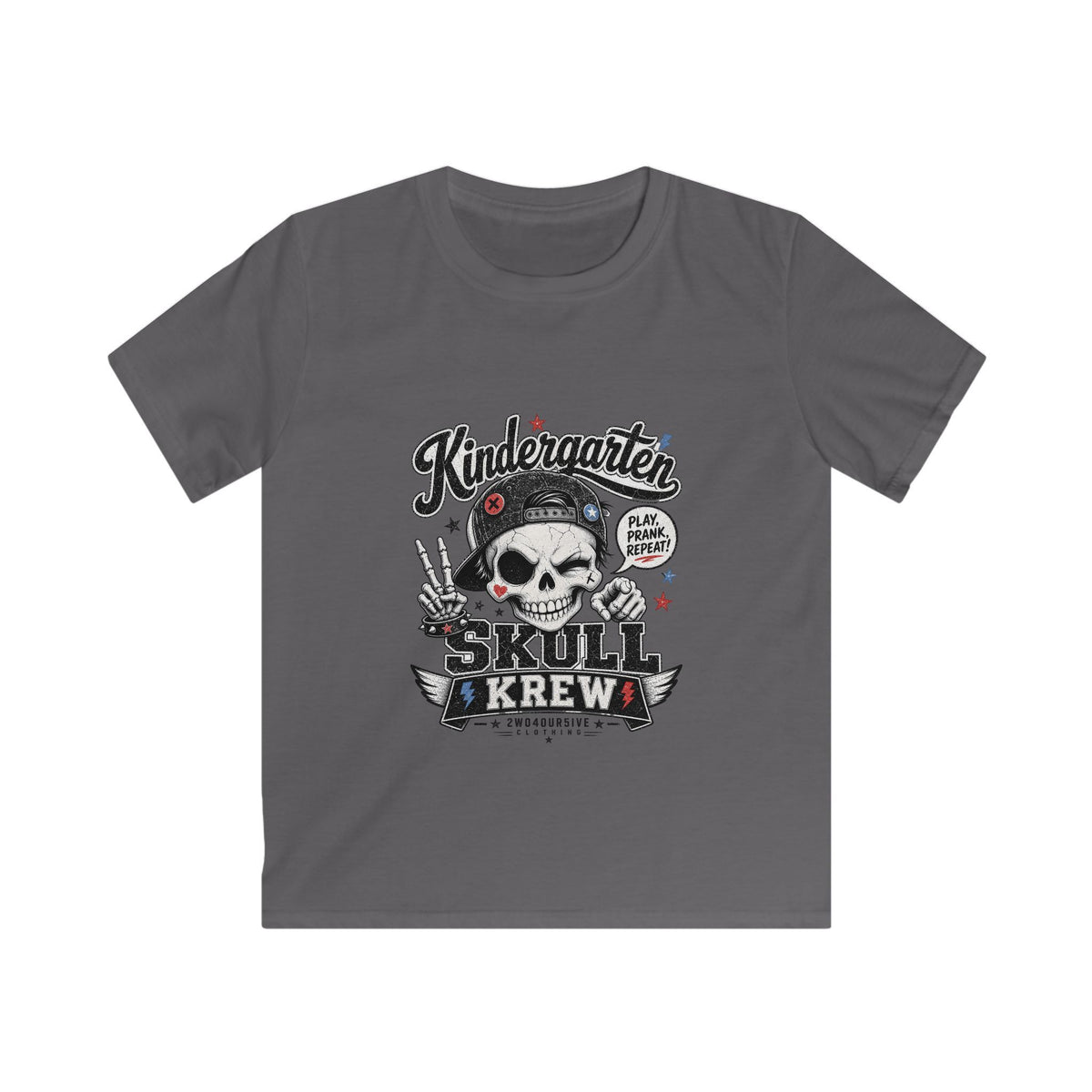 Kids Tee — "Kindergarten Skull Krew" Graphic T‑Shirt (Back‑to‑School, Playful Punk Design)