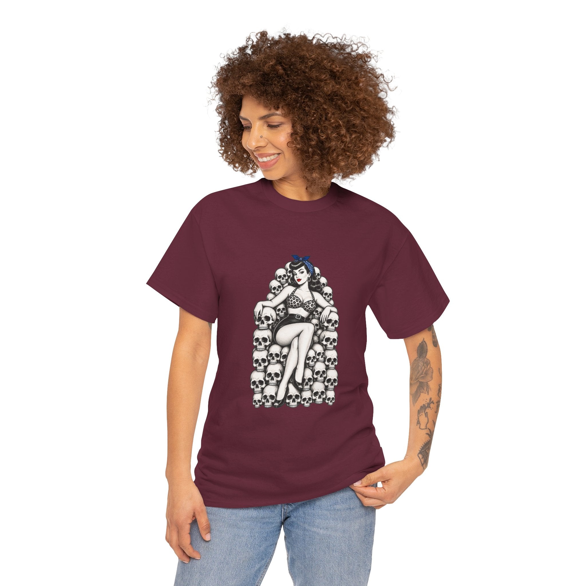 Skull Throne Pin-Up T-Shirt — Retro Goth Rockabilly Tee