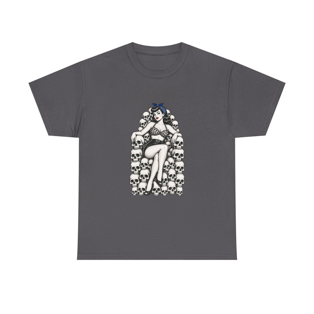 Skull Throne Pin-Up T-Shirt — Retro Goth Rockabilly Tee