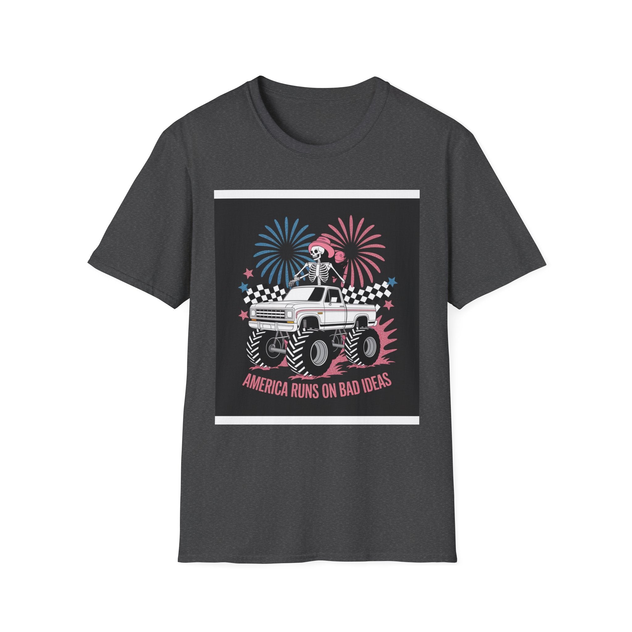 Fourth of July Monster Truck T‑Shirt — 'America Runs on Dad Jokes' Skeleton Design