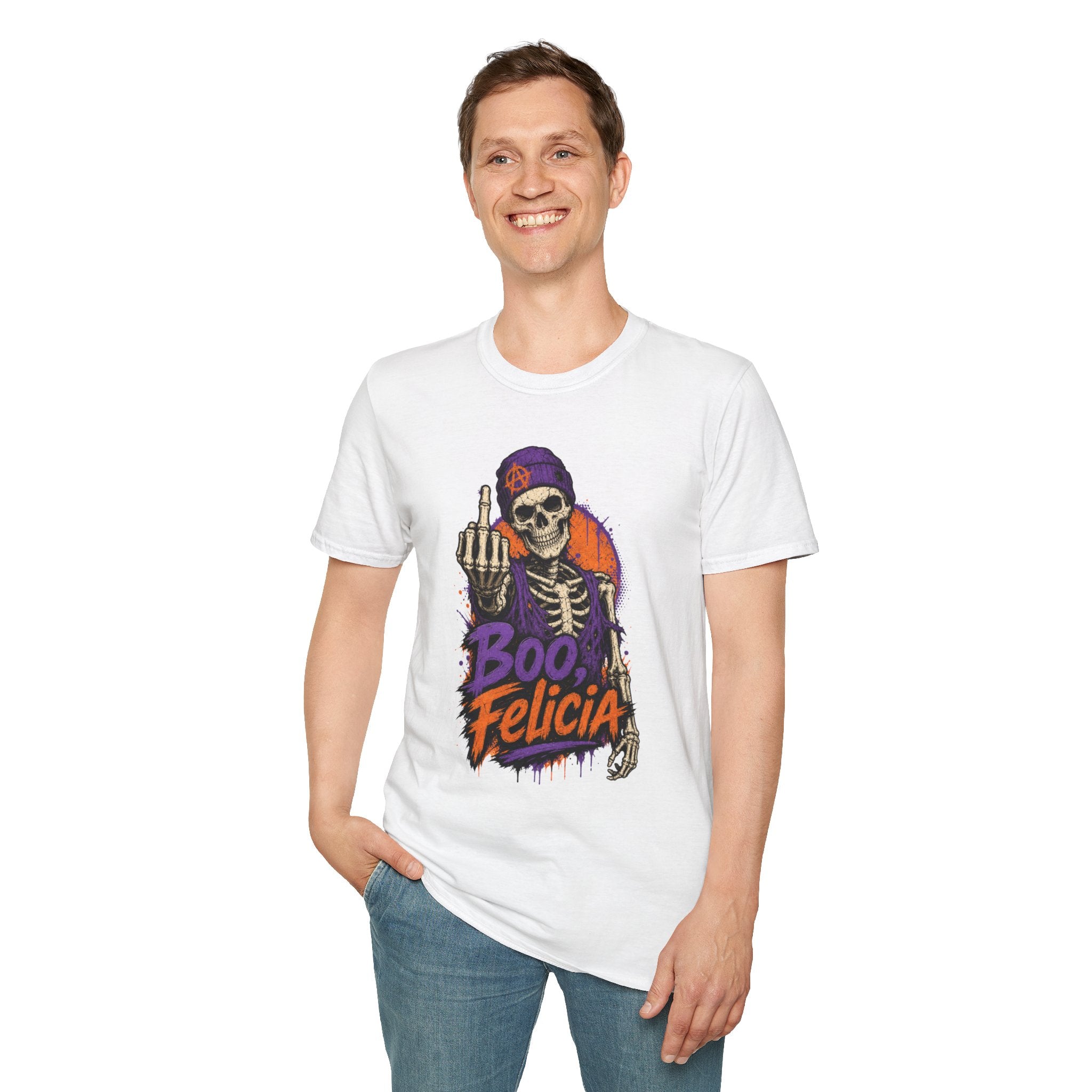 Skeleton Middle Finger T-Shirt — "Boo, Felicia" Halloween Graphic Tee