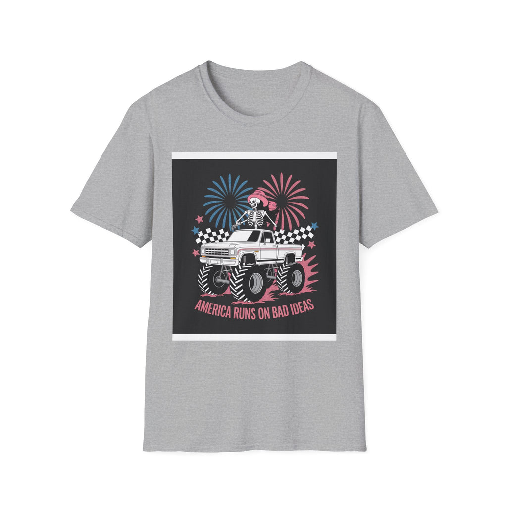 Fourth of July Monster Truck T‑Shirt — 'America Runs on Dad Jokes' Skeleton Design