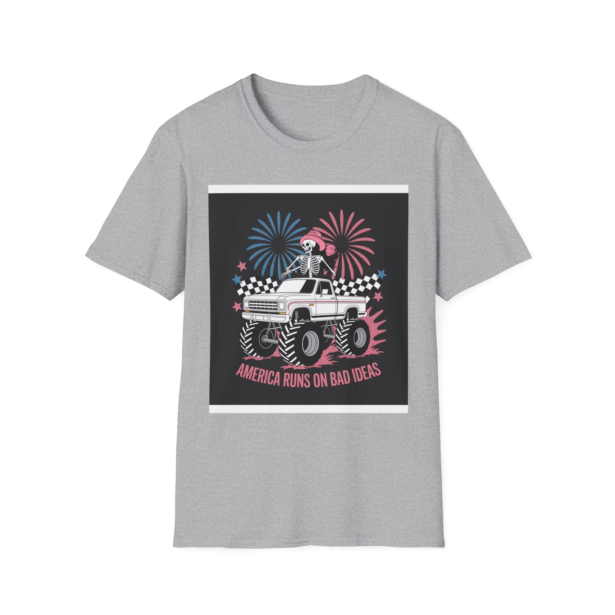 Fourth of July Monster Truck T‑Shirt — 'America Runs on Dad Jokes' Skeleton Design