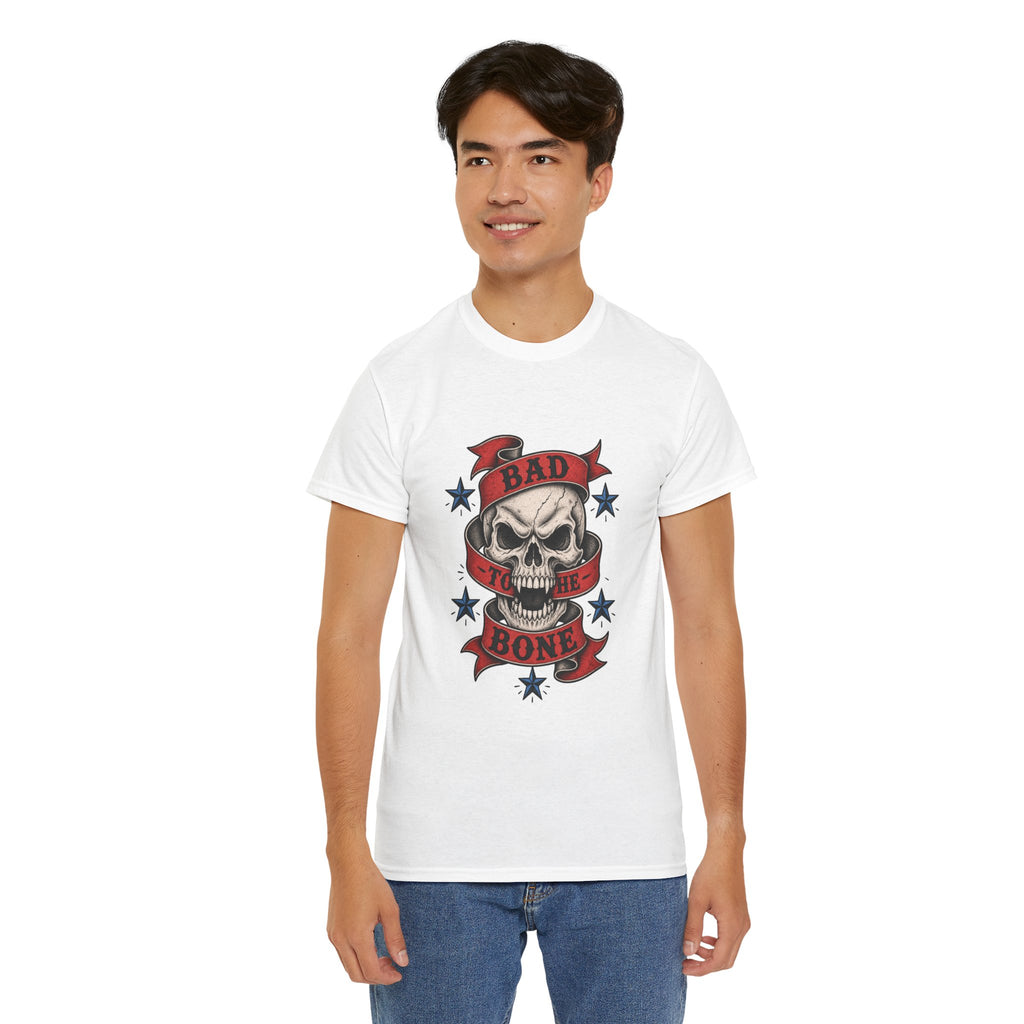 Bad to the Bone Skull Tee — Retro Rocker Biker Graphic T-Shirt