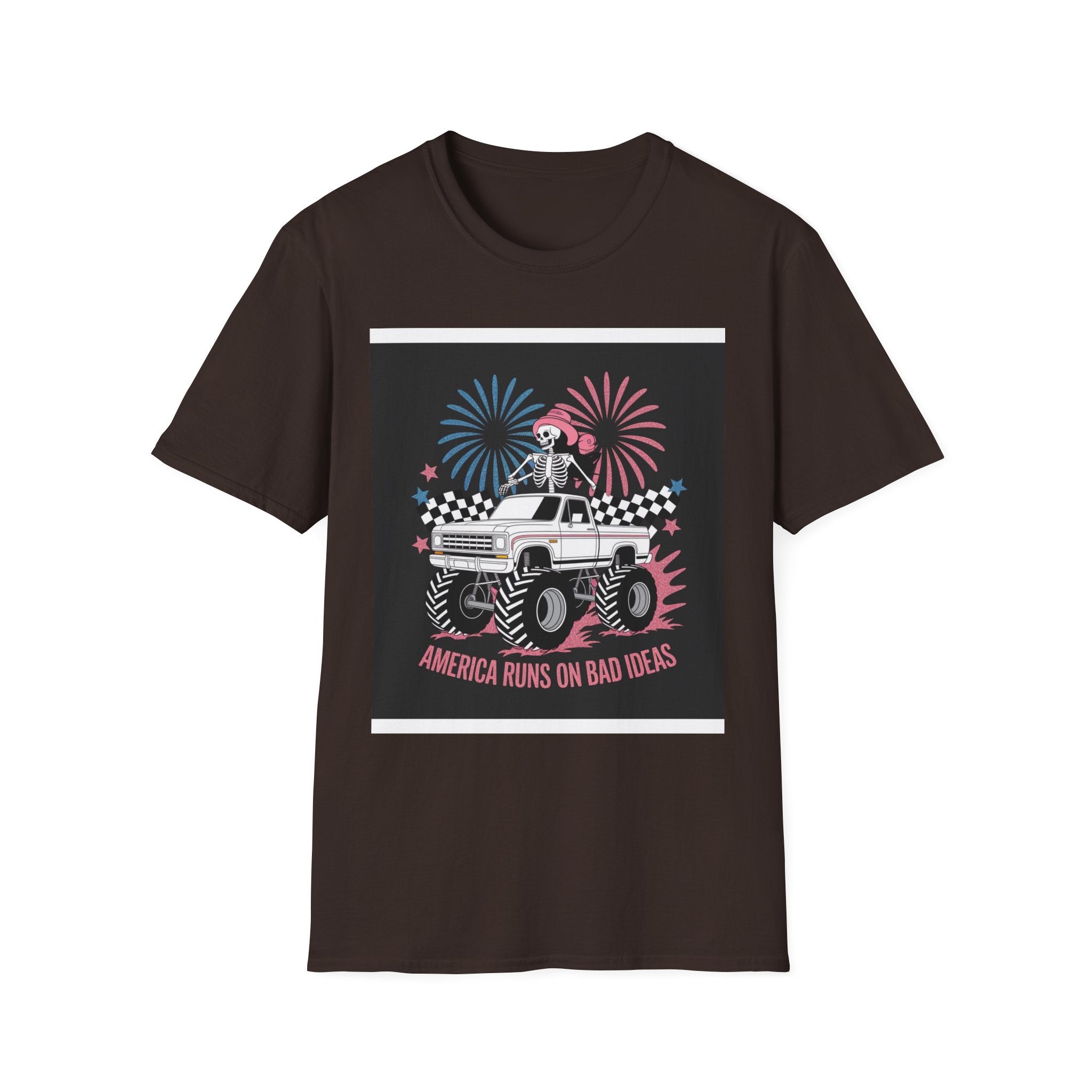 Fourth of July Monster Truck T‑Shirt — 'America Runs on Dad Jokes' Skeleton Design