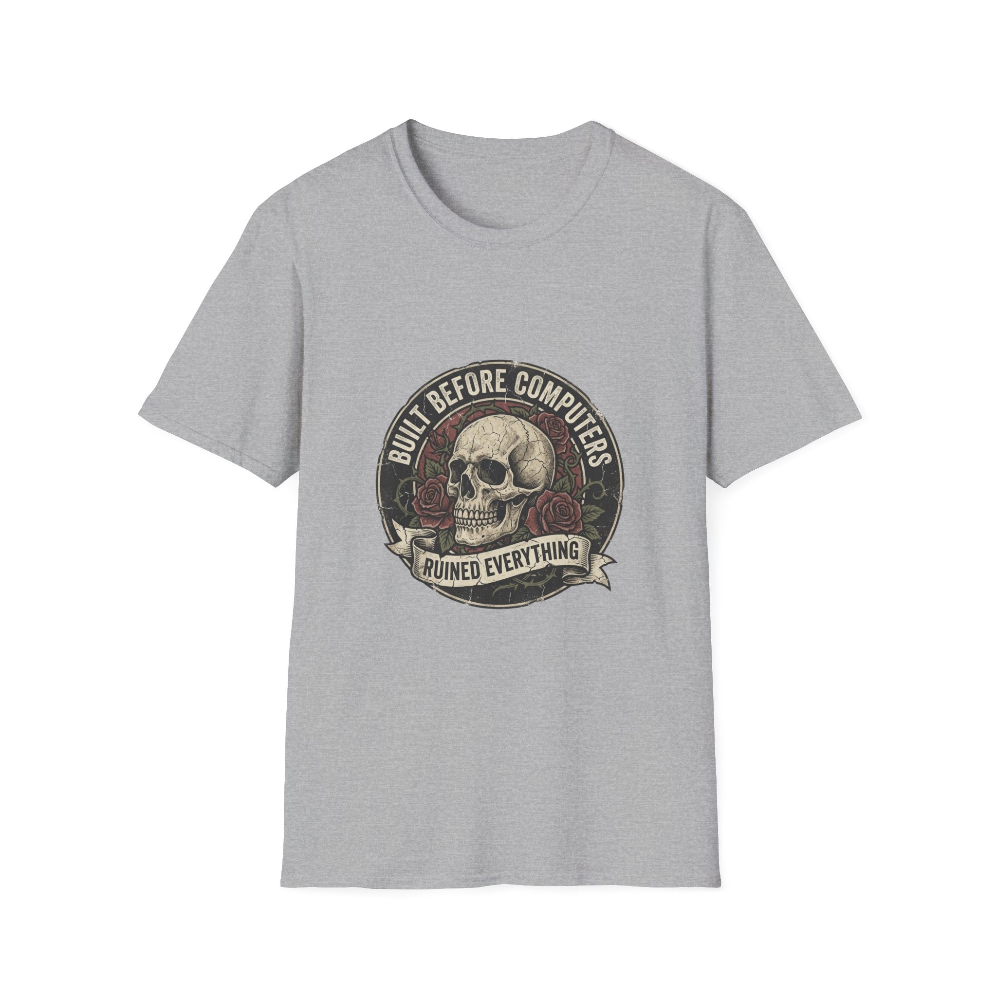 T-Shirt — "Built Before Computers" Vintage Skull Graphic Tee