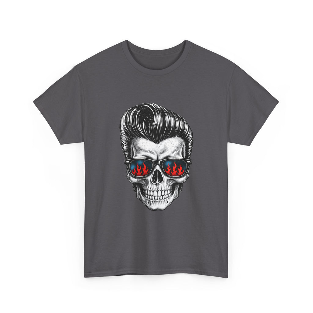 Skull Sunglasses Tee — Retro Pompadour Skull with Flaming Shades Graphic T-Shirt