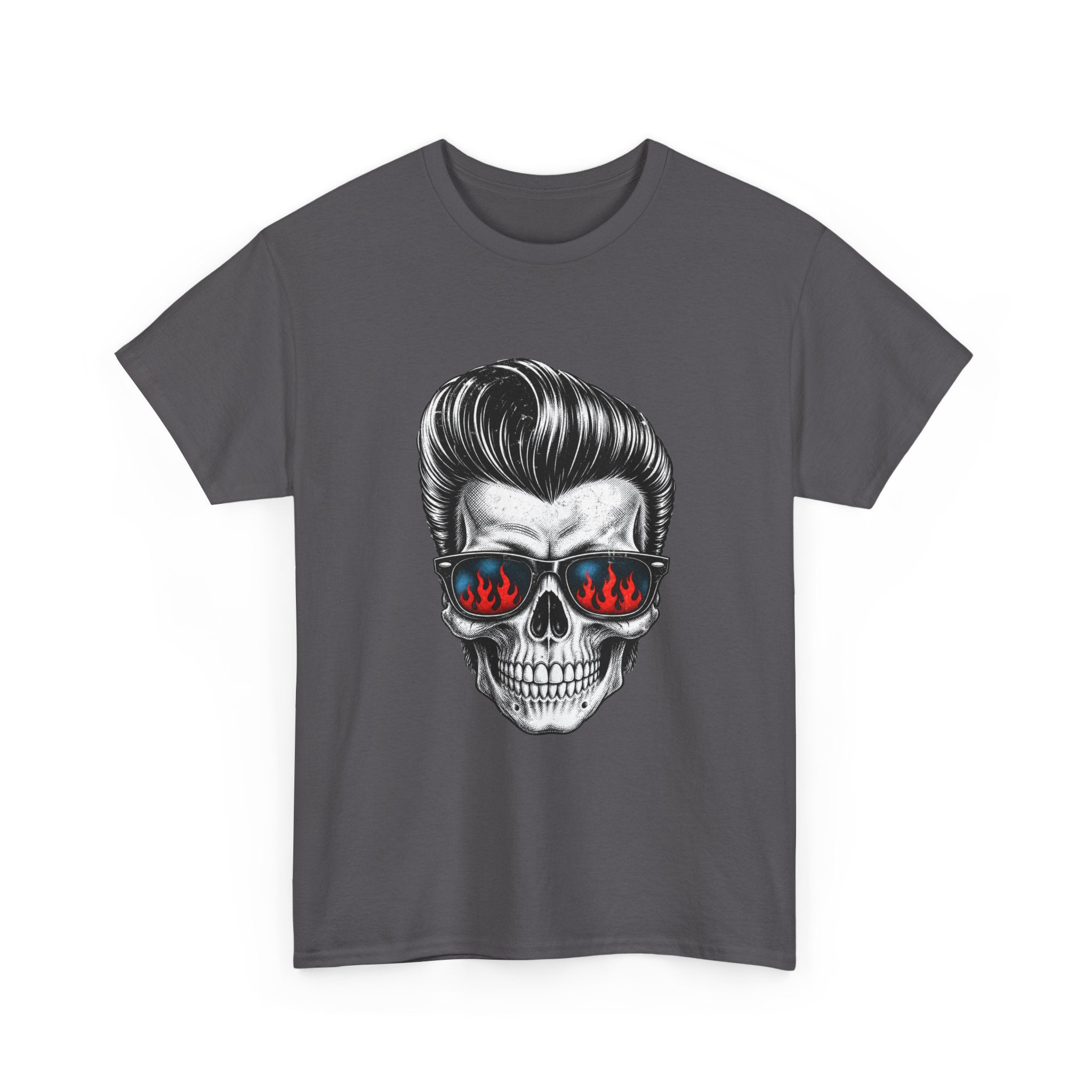 Skull Sunglasses Tee — Retro Pompadour Skull with Flaming Shades Graphic T-Shirt