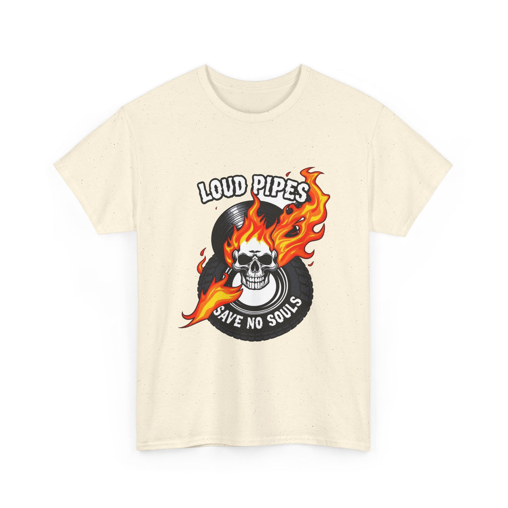Loud Pipes Save No Souls Graphic Tee — Flaming Skull Vinyl Shirt
