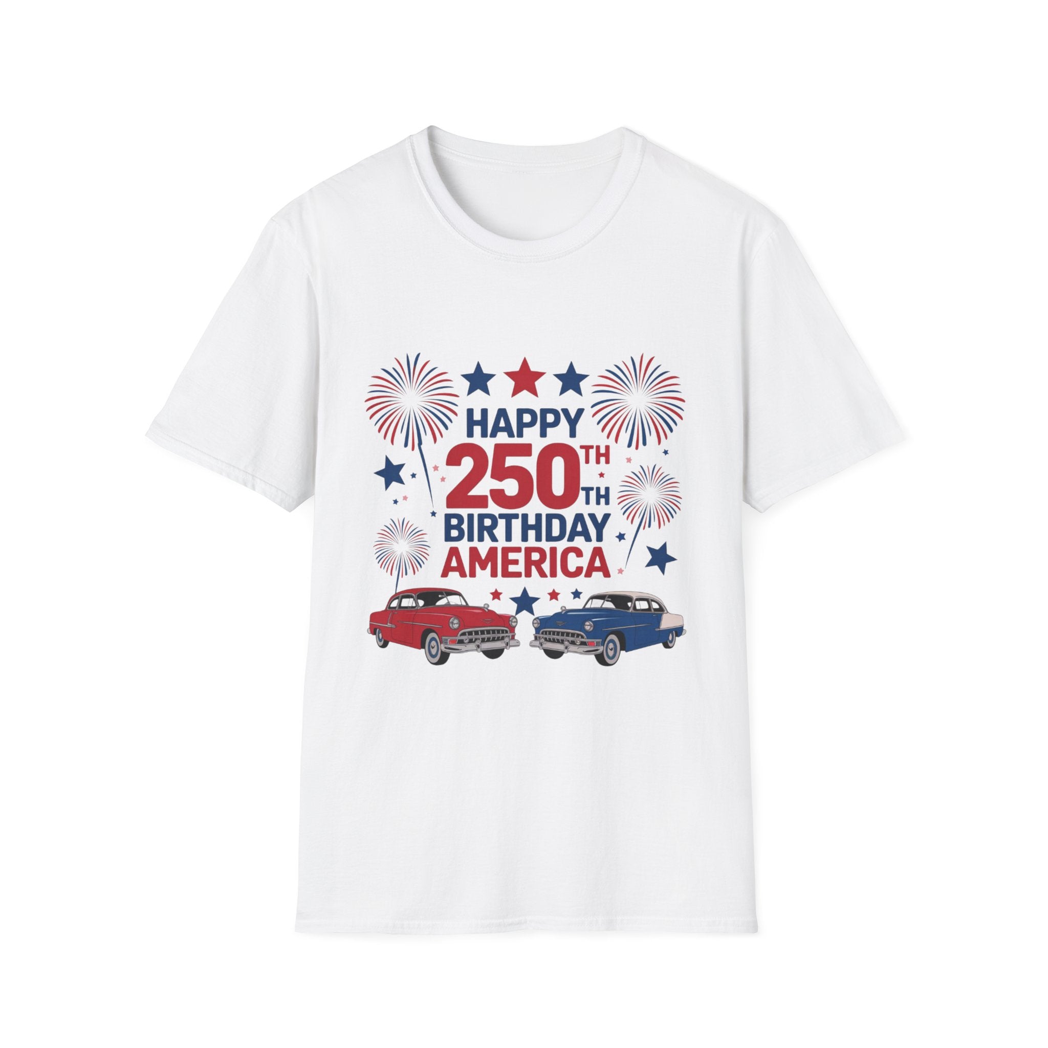 Happy 250th Birthday America T-Shirt — Patriotic Fireworks & Classic Trucks