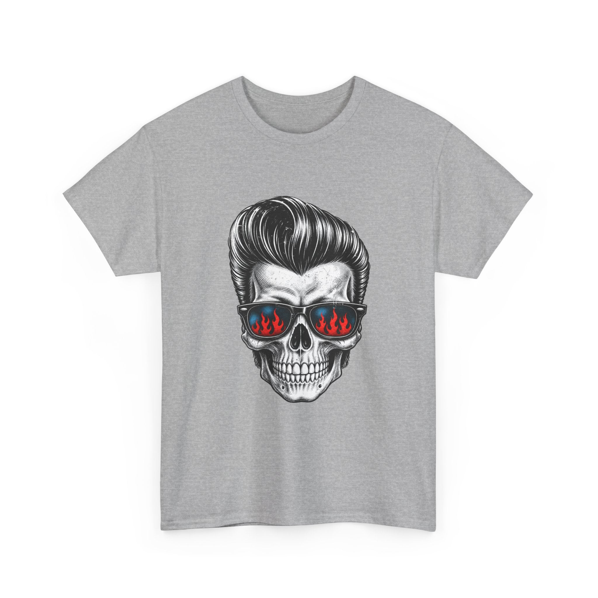 Skull Sunglasses Tee — Retro Pompadour Skull with Flaming Shades Graphic T-Shirt