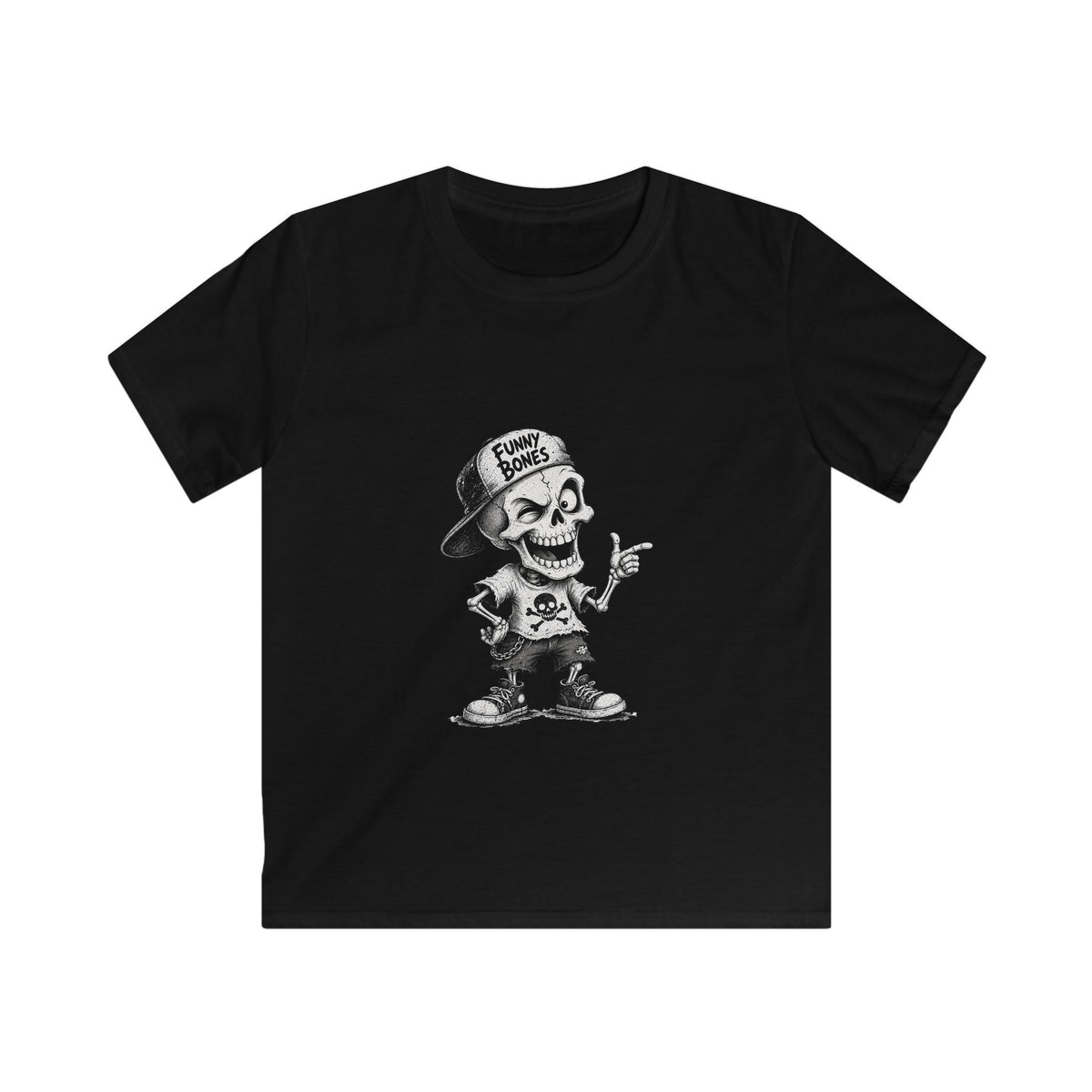 Kids T‑Shirt — Skateboard Skeleton Graphic "Funny Bones"