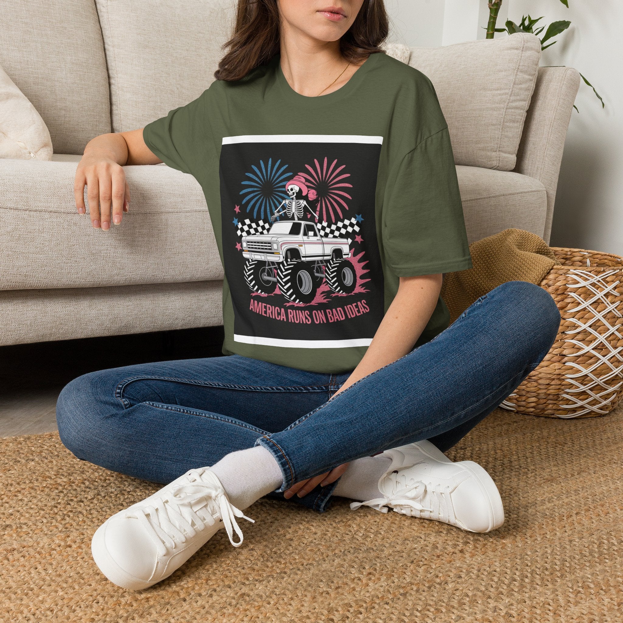 Fourth of July Monster Truck T‑Shirt — 'America Runs on Dad Jokes' Skeleton Design