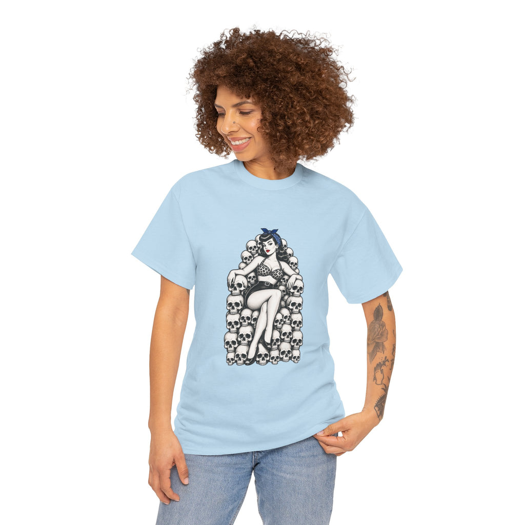 Skull Throne Pin-Up T-Shirt — Retro Goth Rockabilly Tee