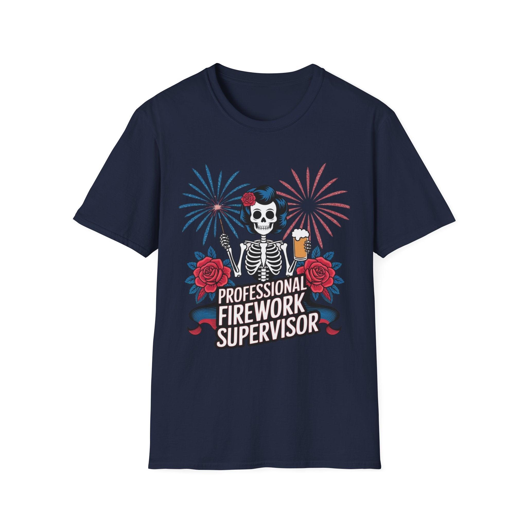 Professional Firework Supervisor T-Shirt — Patriotic Skeleton with Beer & Fireworks