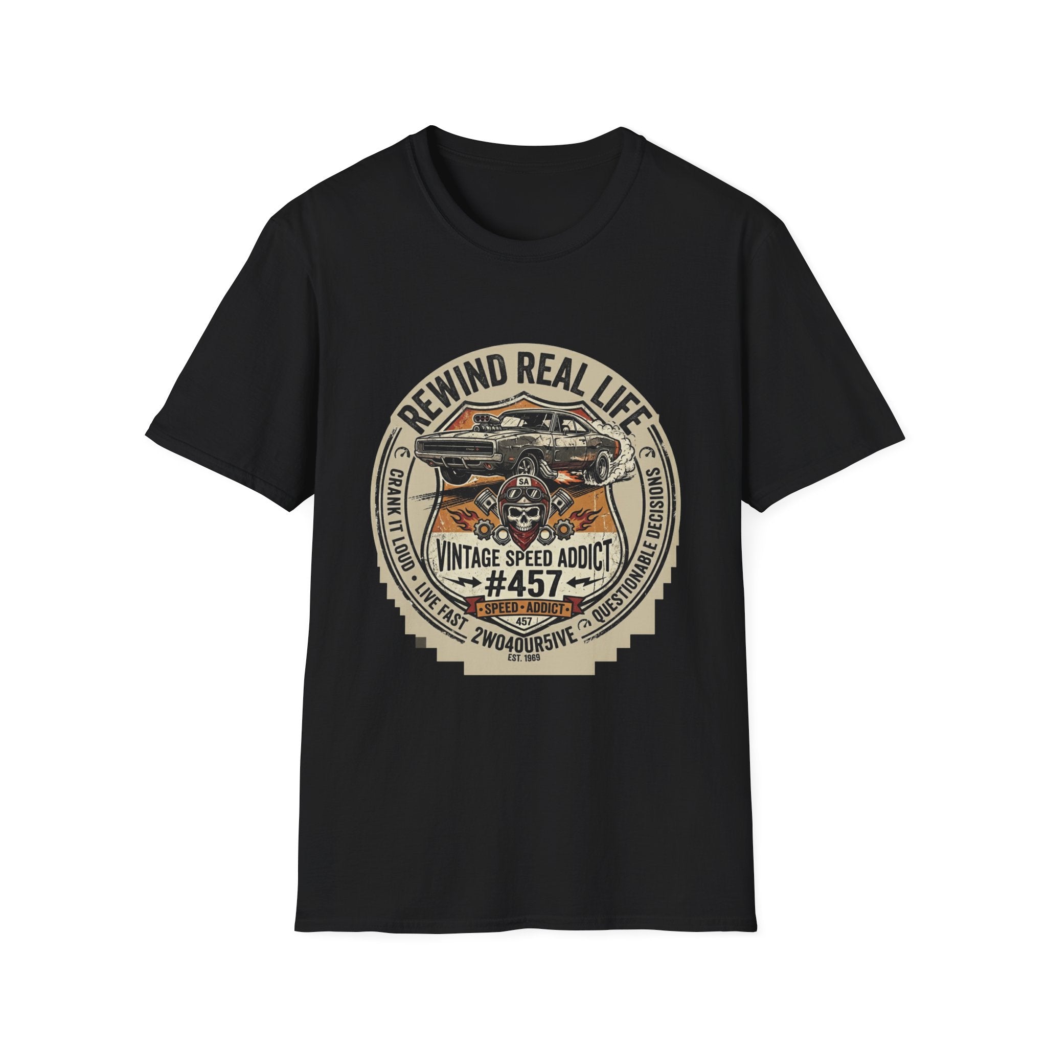 Vintage Muscle Car T-Shirt – "Rewind Real Life" Retro Speed Addict Graphic