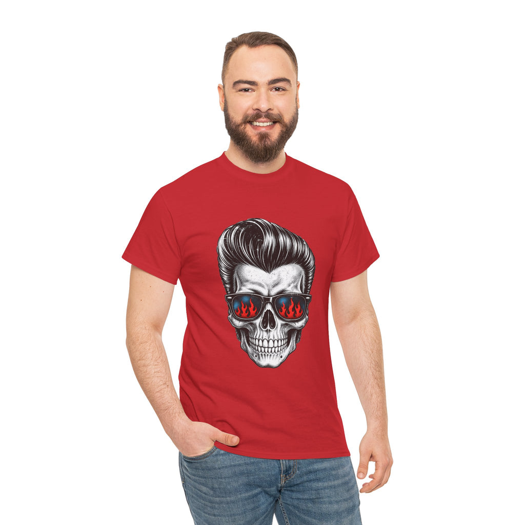 Skull Sunglasses Tee — Retro Pompadour Skull with Flaming Shades Graphic T-Shirt