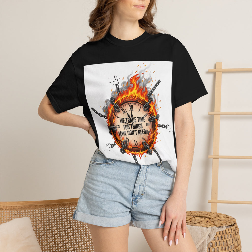 Burning Wheel Graphic T-Shirt — "We Trade Time for Things We Don't Need"