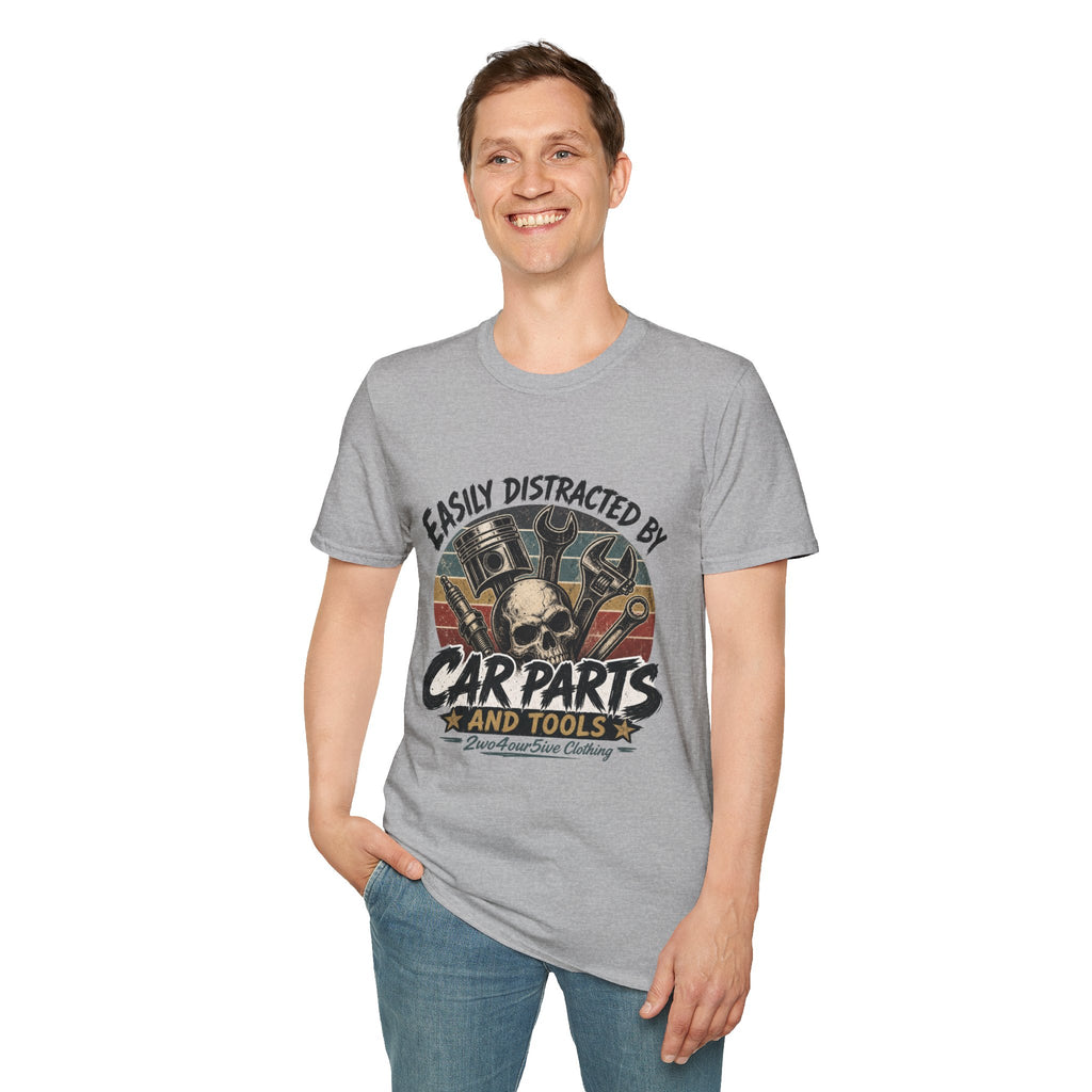 Car Parts & Tools T-Shirt — "Easily Distracted by Car Parts and Tools" Retro Mechanic Tee
