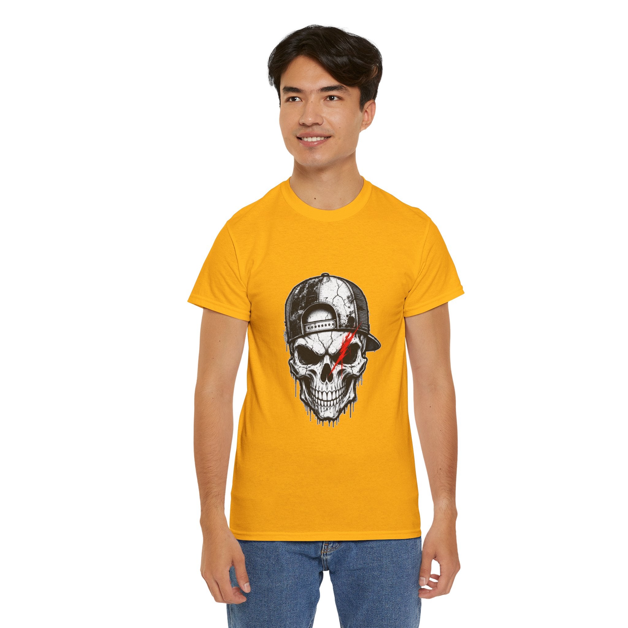 Skull Cap T-Shirt — Grunge Skull with Red Eye Slash Graphic