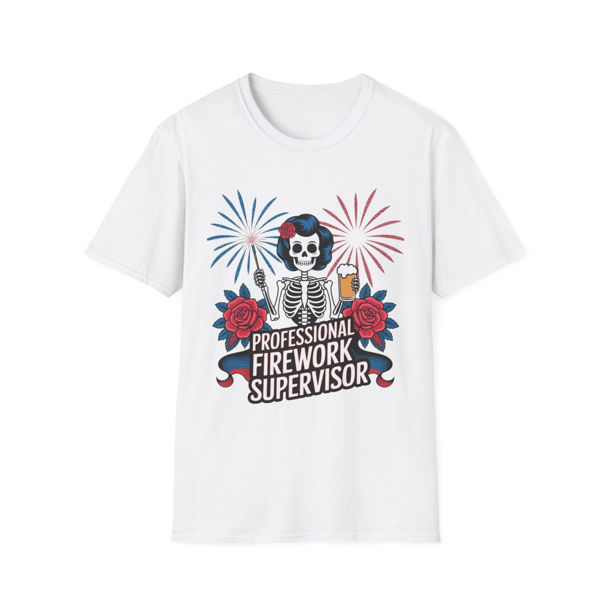 Professional Firework Supervisor T-Shirt — Patriotic Skeleton with Beer & Fireworks