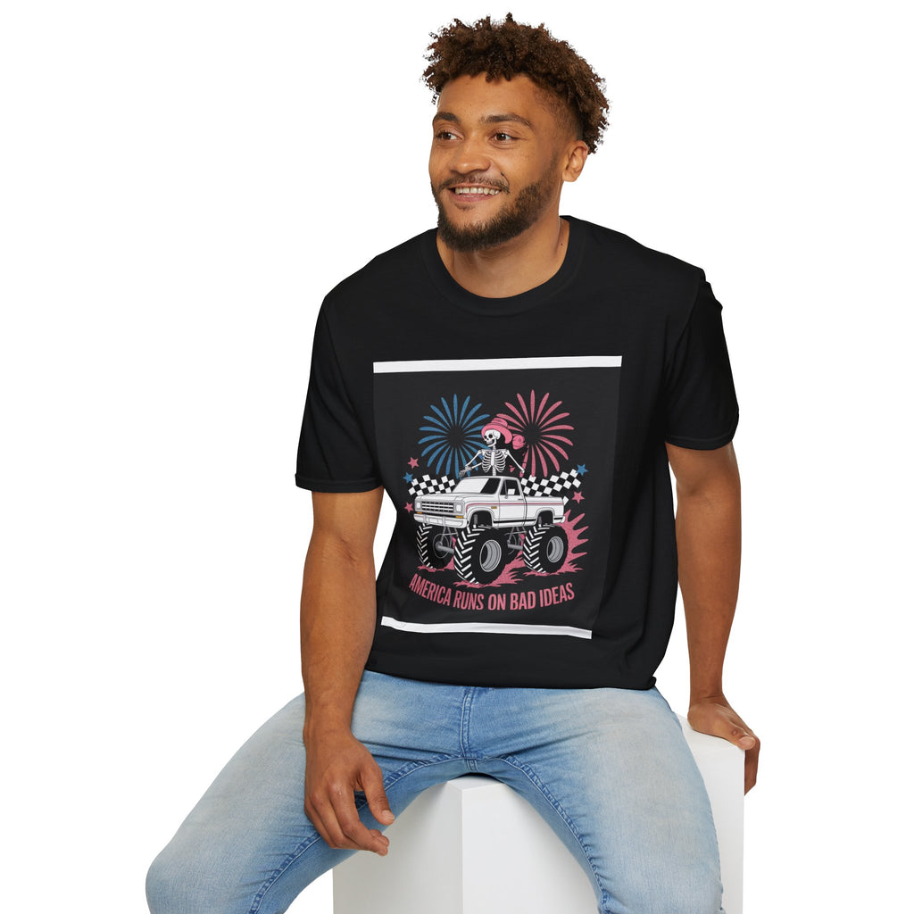 Fourth of July Monster Truck T‑Shirt — 'America Runs on Dad Jokes' Skeleton Design