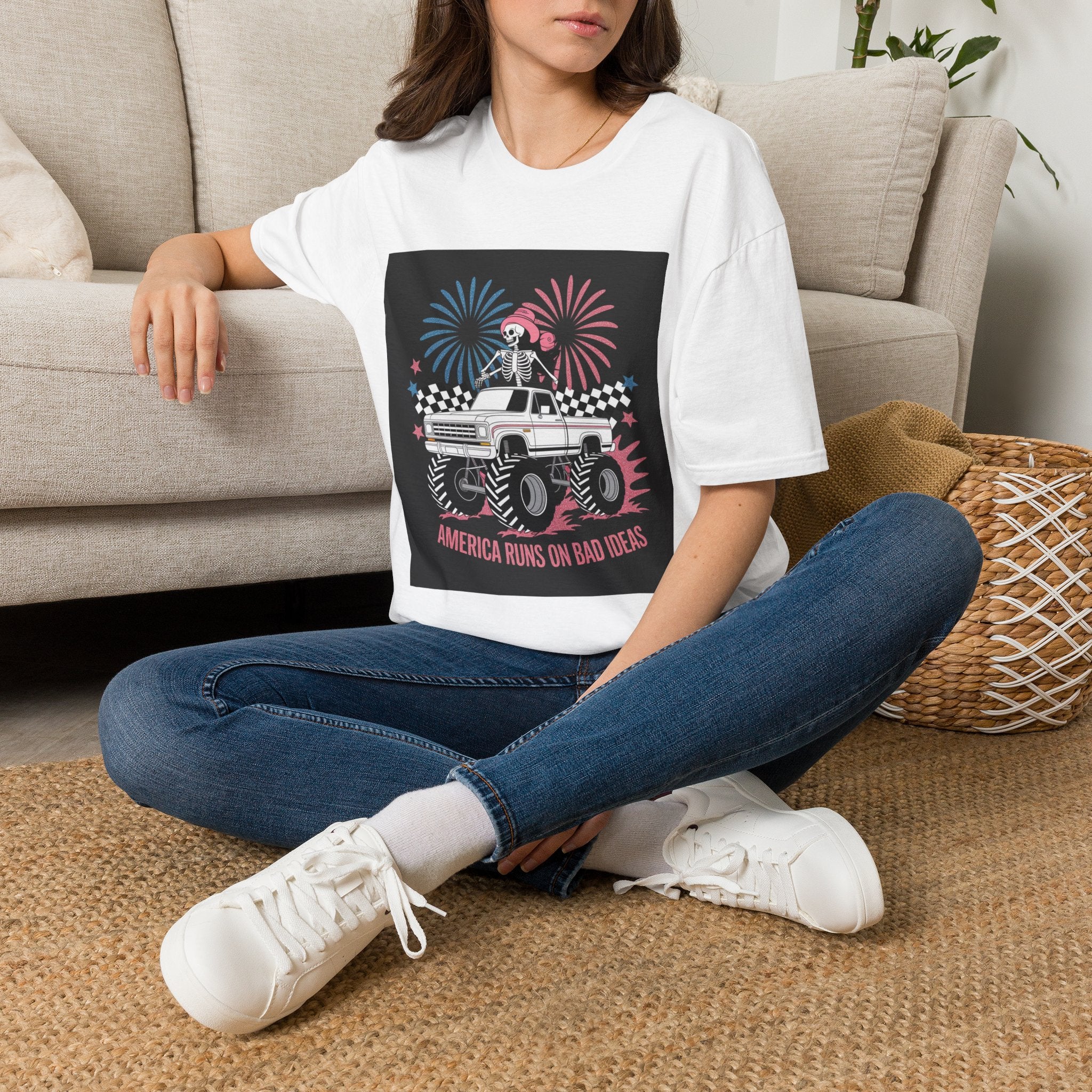 Fourth of July Monster Truck T‑Shirt — 'America Runs on Dad Jokes' Skeleton Design