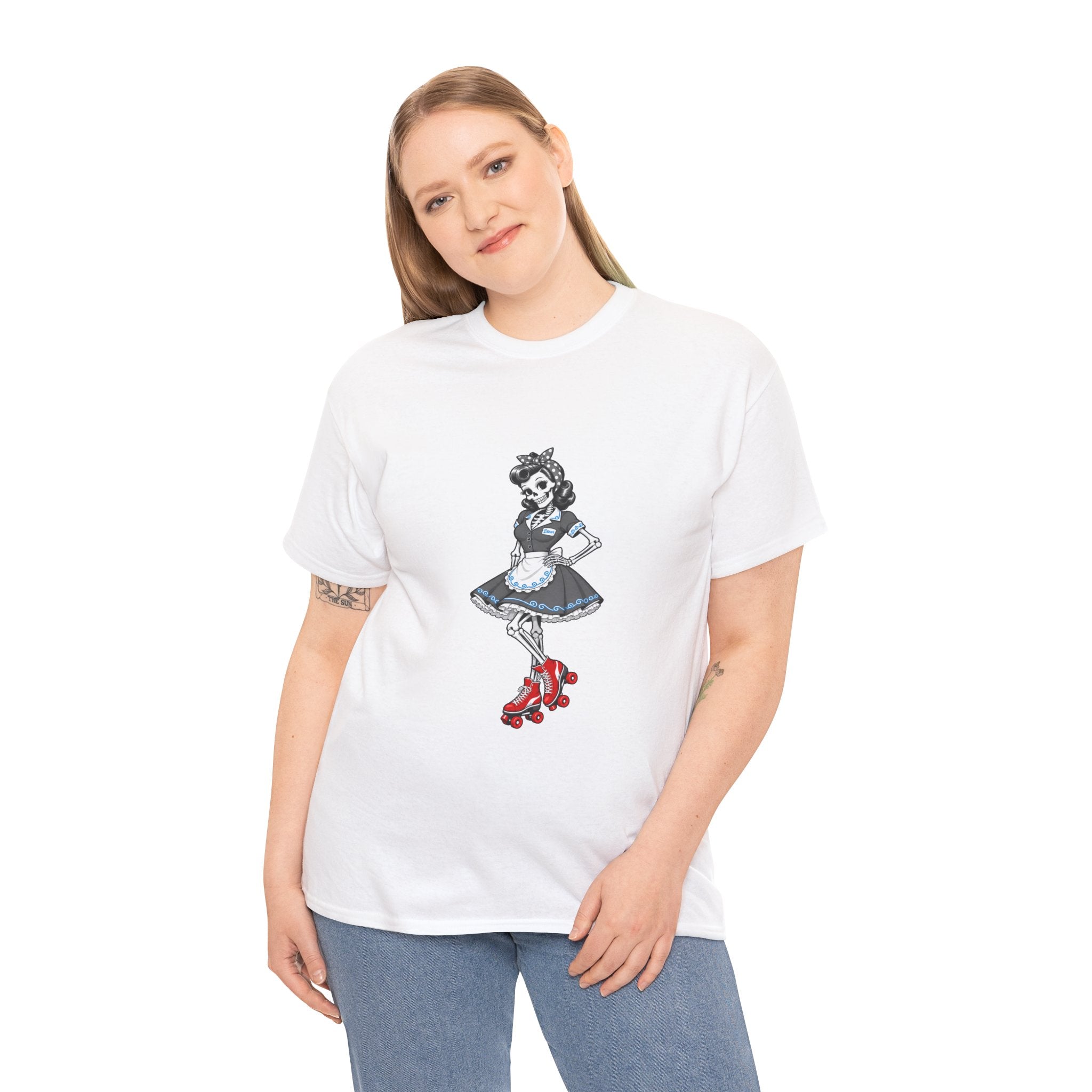 Vintage Gothic Doll T‑Shirt — Red Roller Skate Skeleton Girl Tee