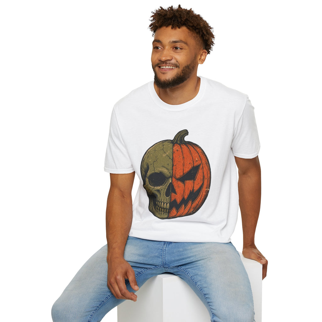 Pumpkin Skull T-Shirt — Half Jack-O’-Lantern Halloween Tee