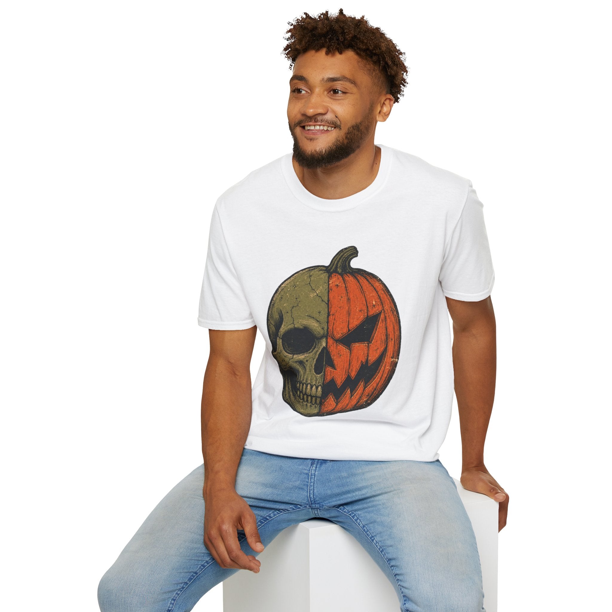 Pumpkin Skull T-Shirt — Half Jack-O’-Lantern Halloween Tee