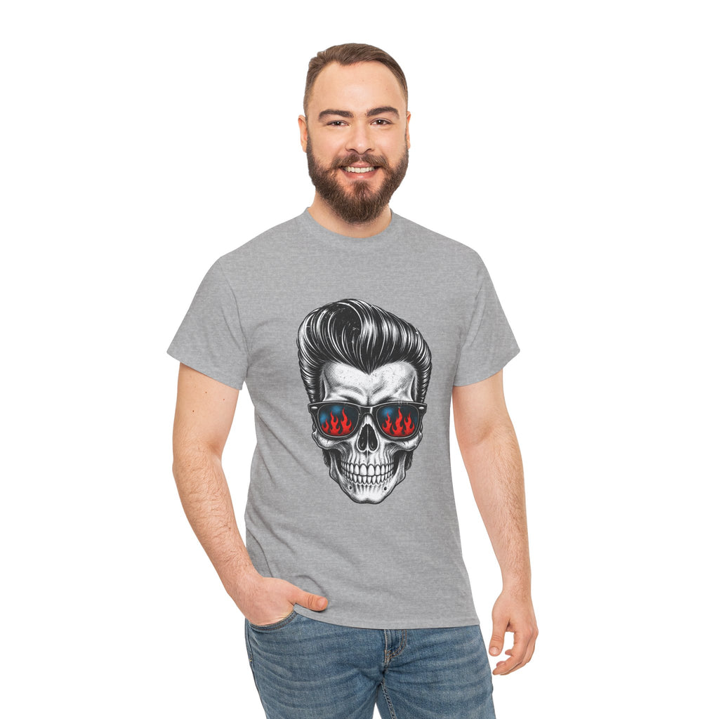 Skull Sunglasses Tee — Retro Pompadour Skull with Flaming Shades Graphic T-Shirt