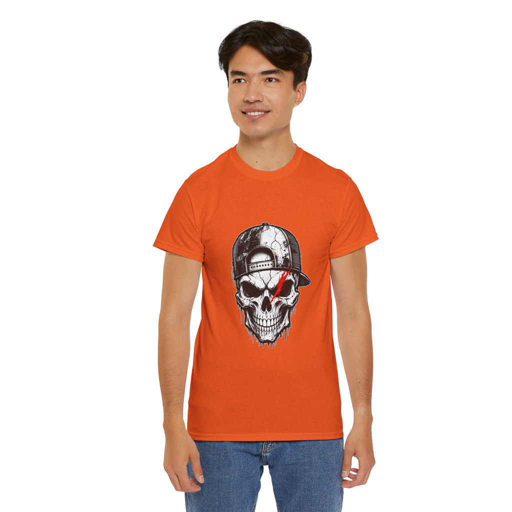 Skull Cap T-Shirt — Grunge Skull with Red Eye Slash Graphic