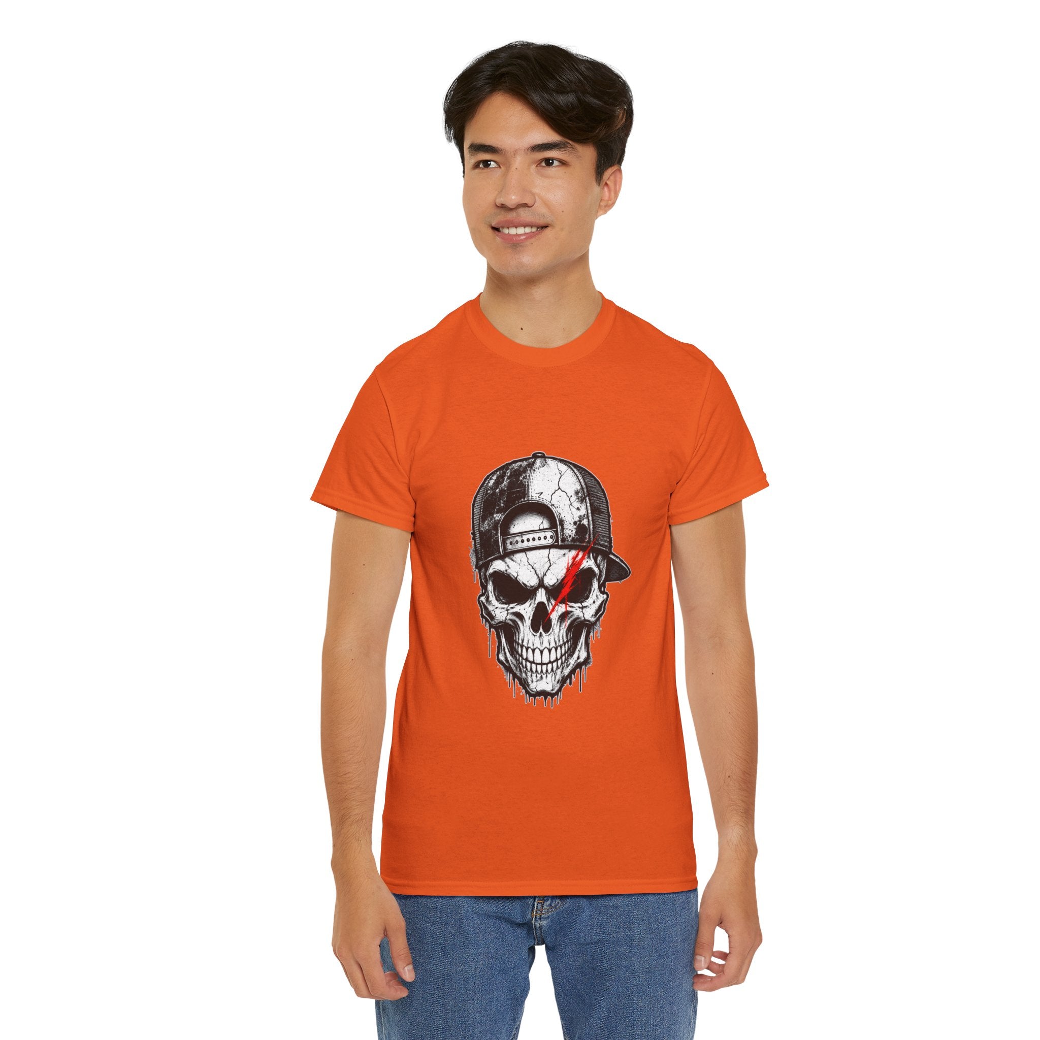 Skull Cap T-Shirt — Grunge Skull with Red Eye Slash Graphic
