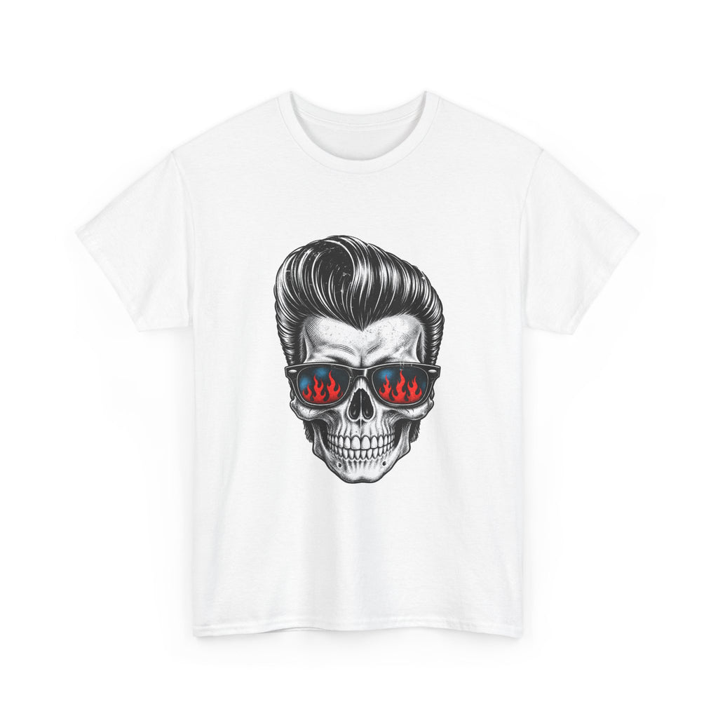 Skull Sunglasses Tee — Retro Pompadour Skull with Flaming Shades Graphic T-Shirt