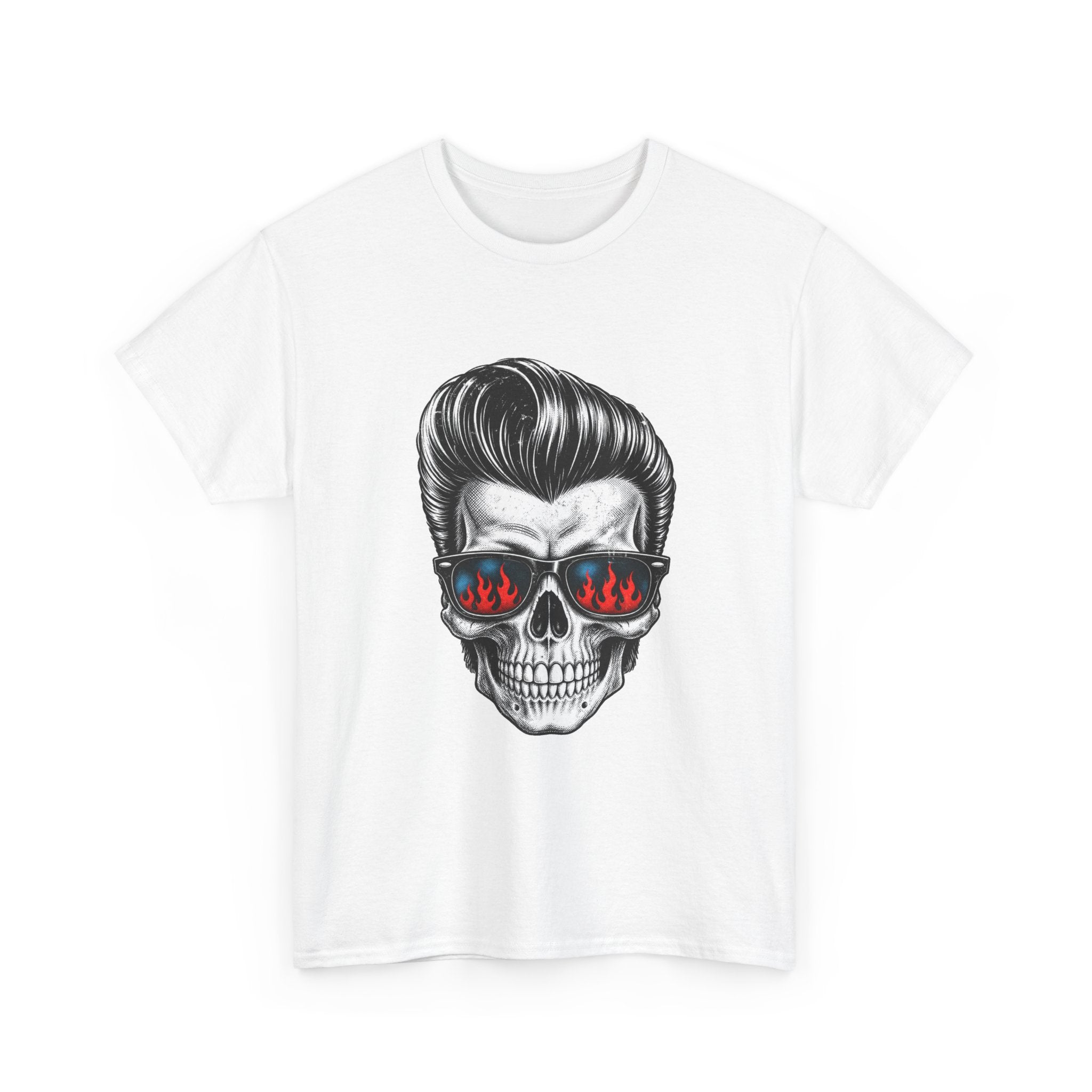 Skull Sunglasses Tee — Retro Pompadour Skull with Flaming Shades Graphic T-Shirt