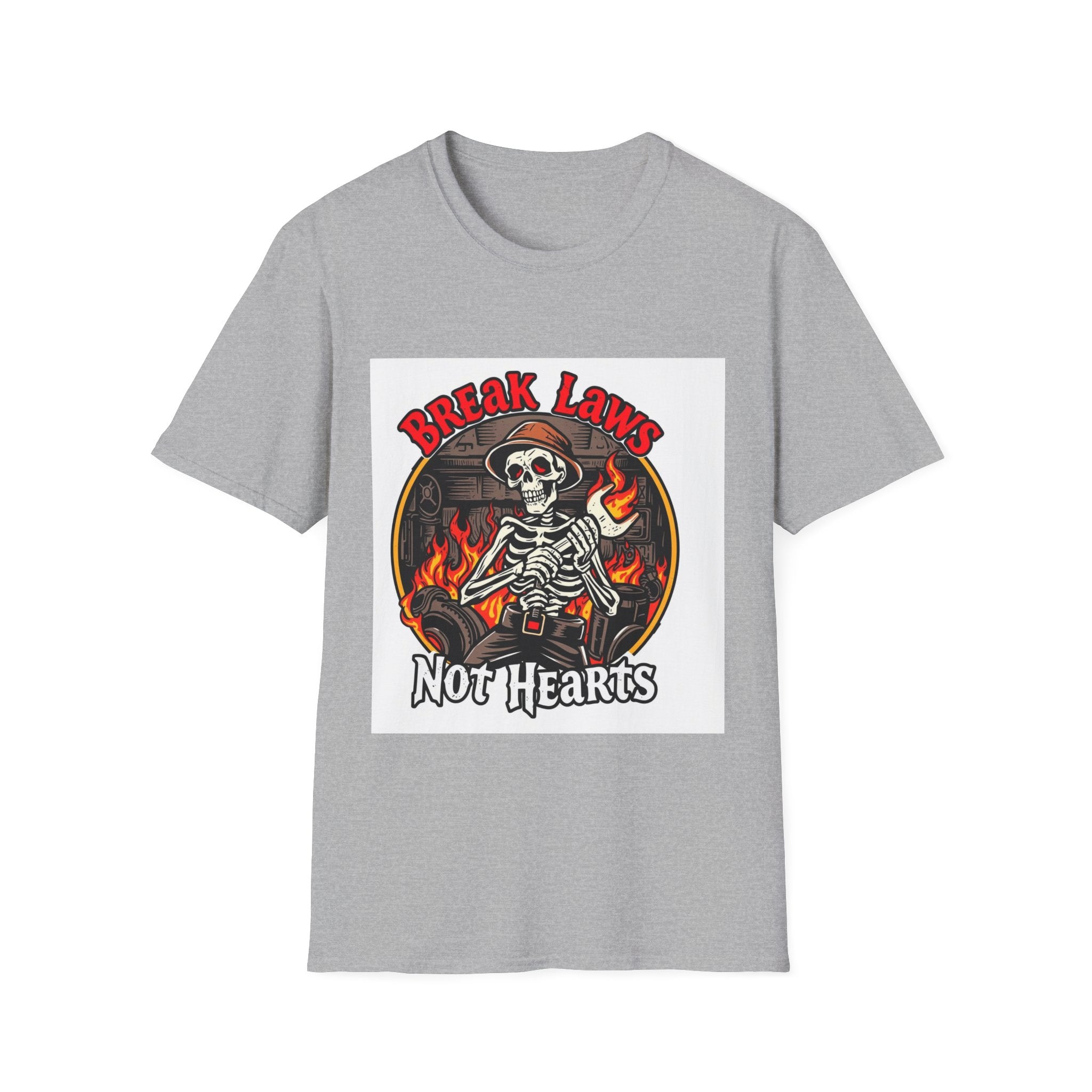 Break Laws Not Hearts Skeleton Flame Graphic T-Shirt