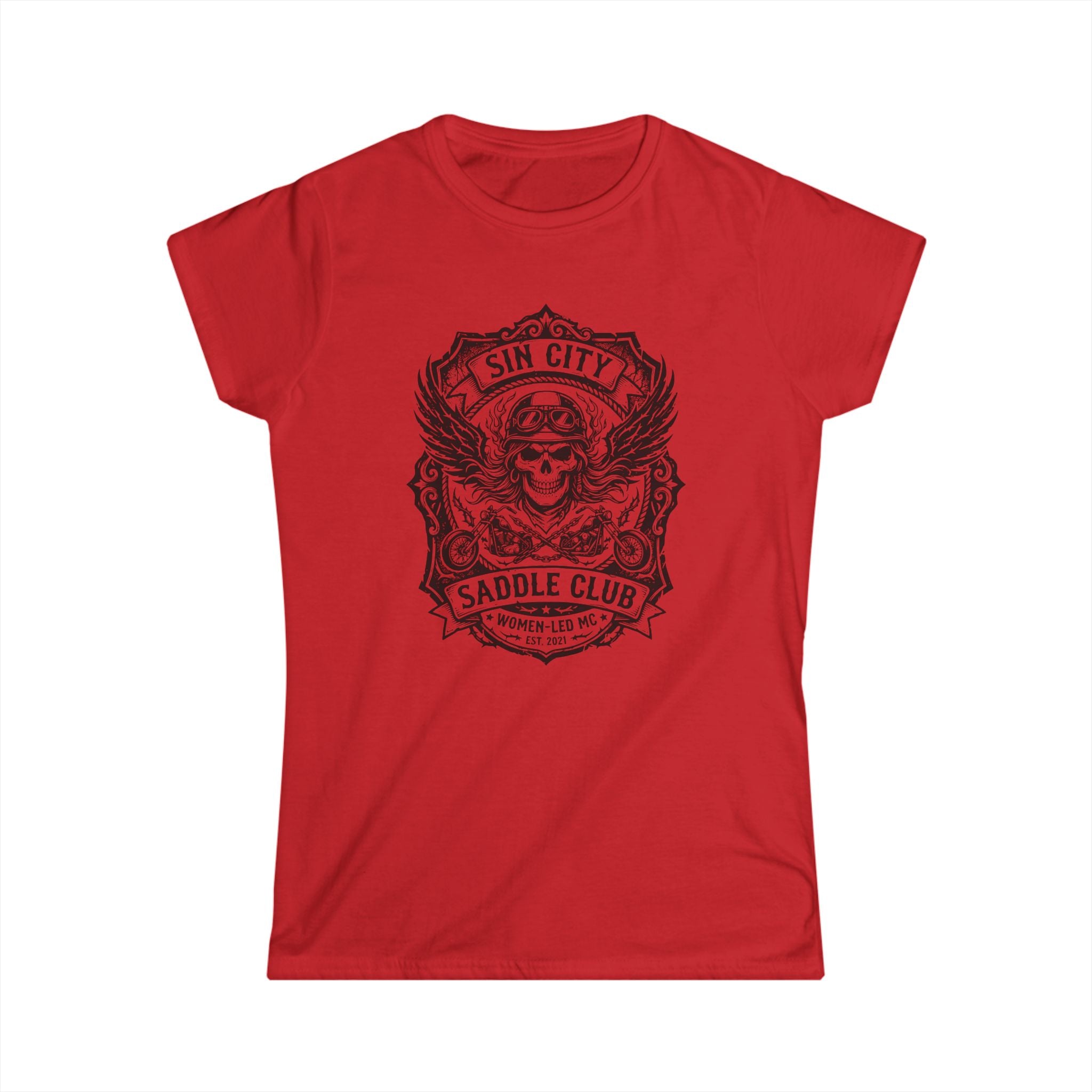 Sin City Saddle Club Skull Tee — Women's Biker Graphic T-Shirt