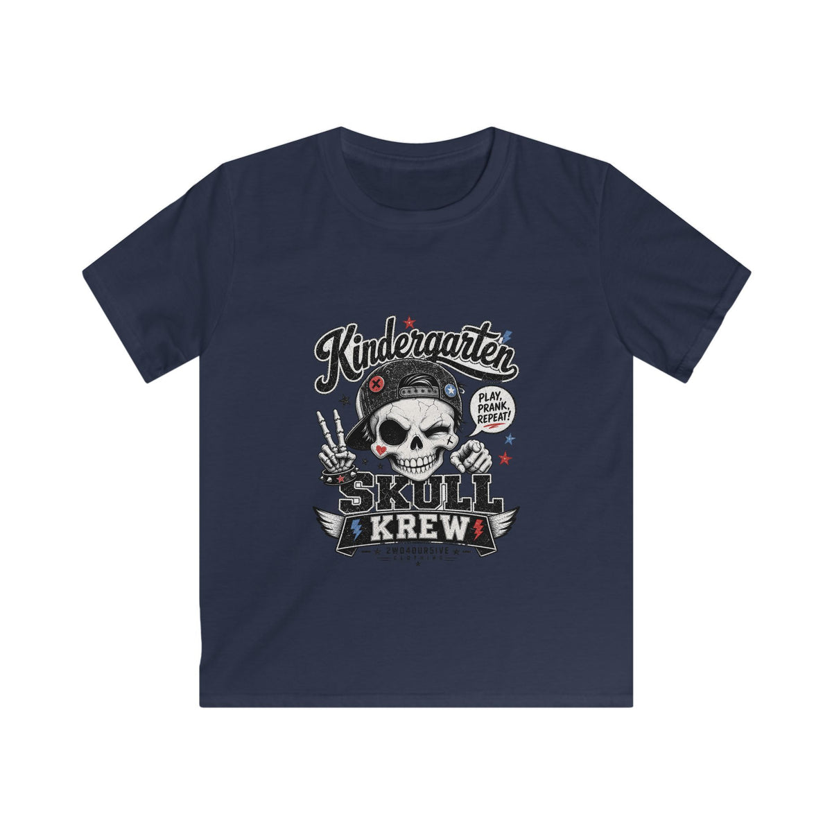 Kids Tee — "Kindergarten Skull Krew" Graphic T‑Shirt (Back‑to‑School, Playful Punk Design)