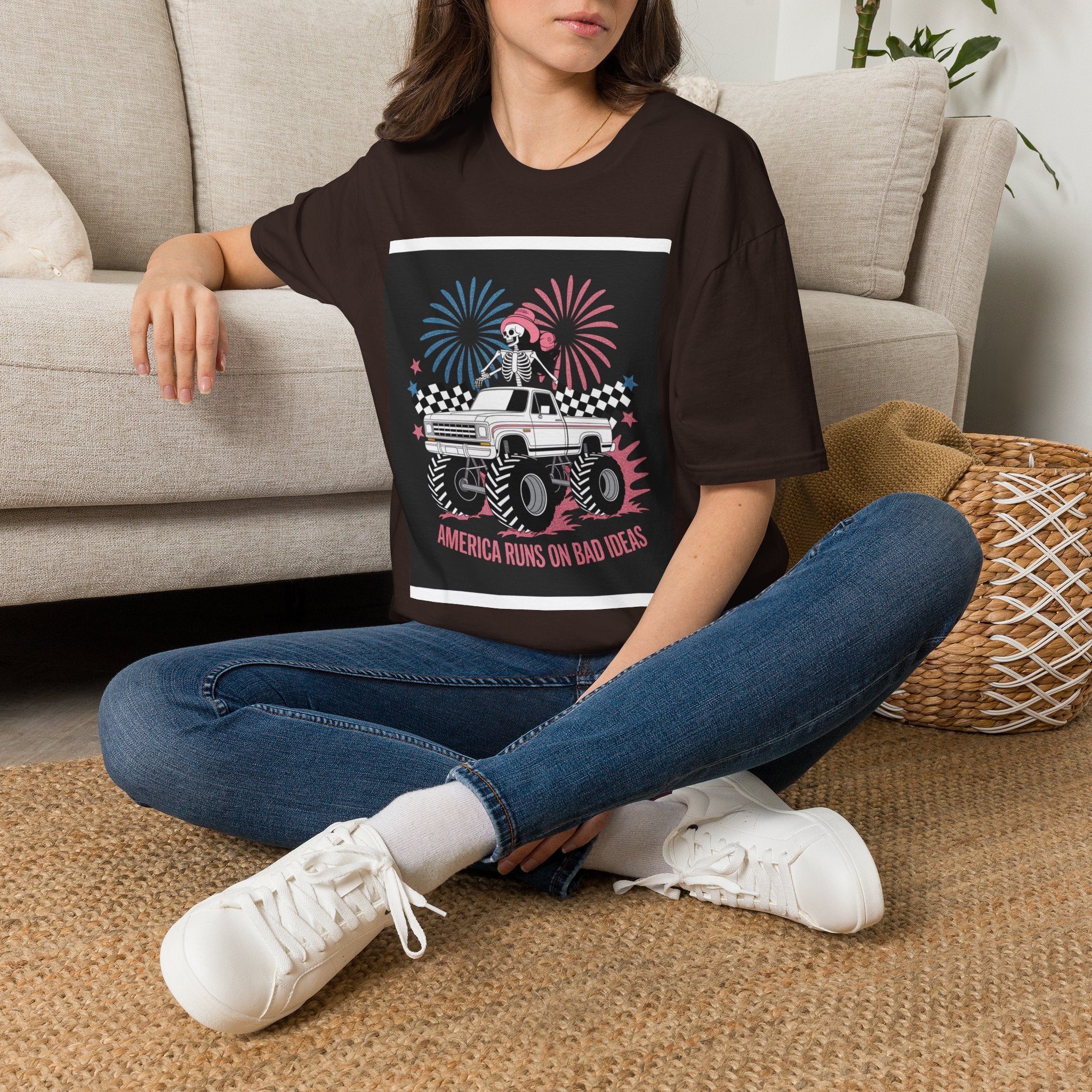Fourth of July Monster Truck T‑Shirt — 'America Runs on Dad Jokes' Skeleton Design
