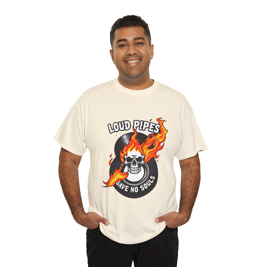 Loud Pipes Save No Souls Graphic Tee — Flaming Skull Vinyl Shirt