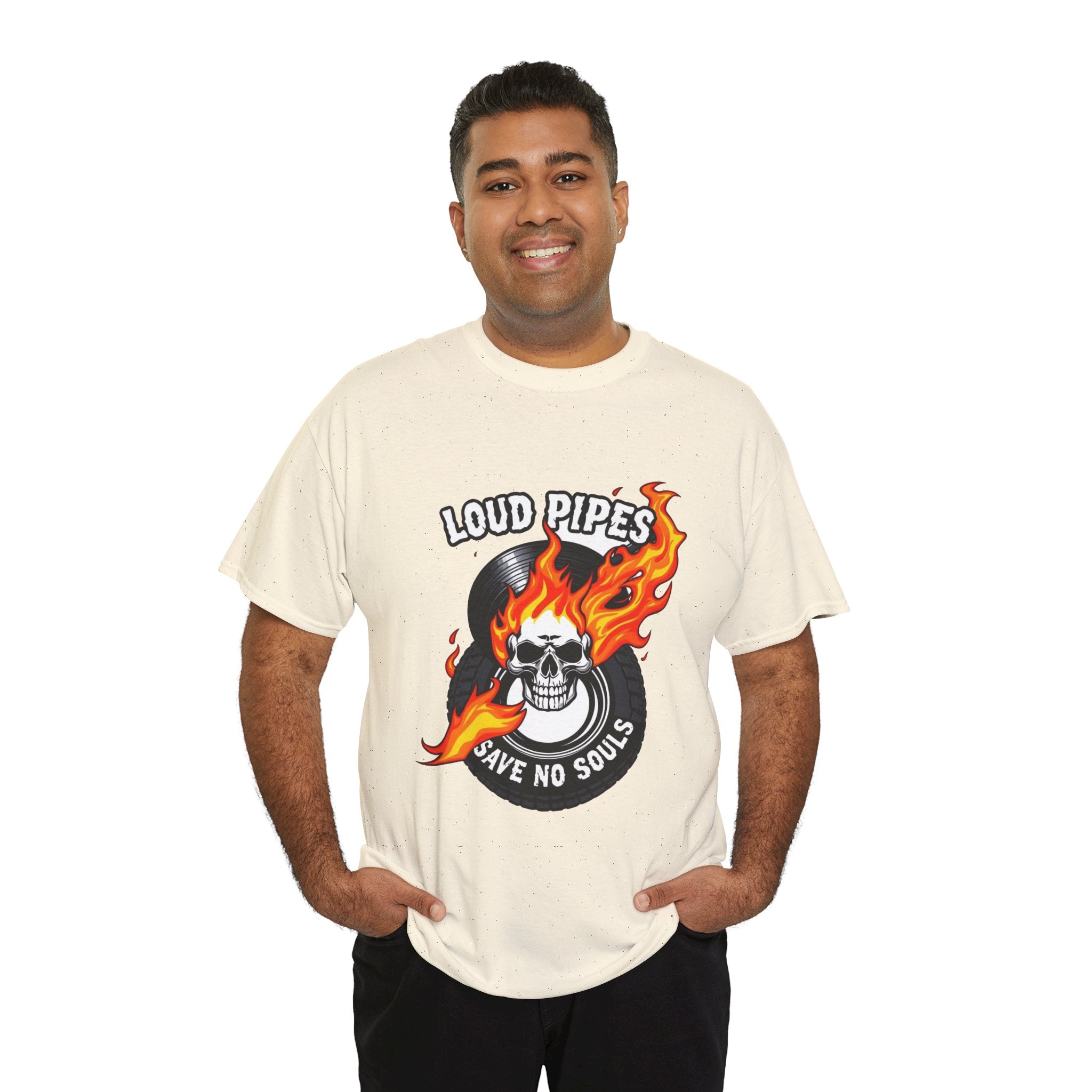 Loud Pipes Save No Souls Graphic Tee — Flaming Skull Vinyl Shirt