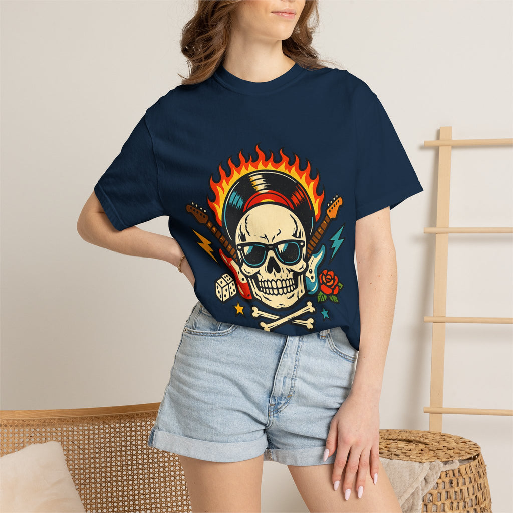 Rock Skull Graphic T-Shirt — Flaming Skull, Guitars & Dice Tattoo Art