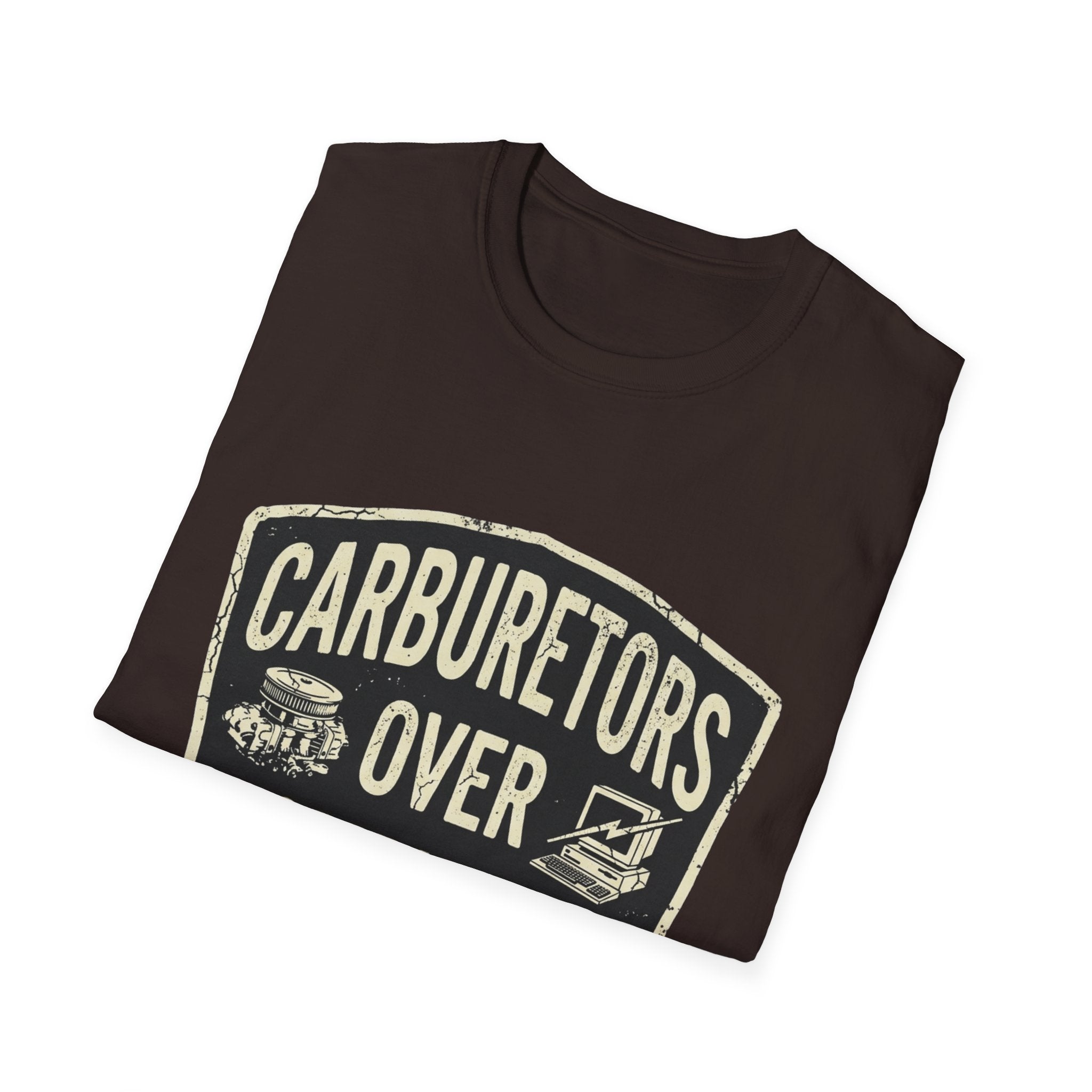 Carburetors Over Computers T-Shirt — Vintage Mechanic Pride Tee
