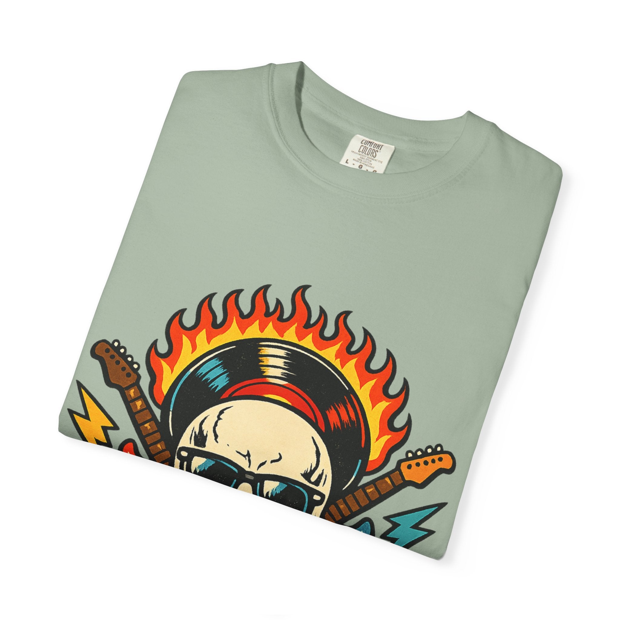 Rock Skull Graphic T-Shirt — Flaming Skull, Guitars & Dice Tattoo Art