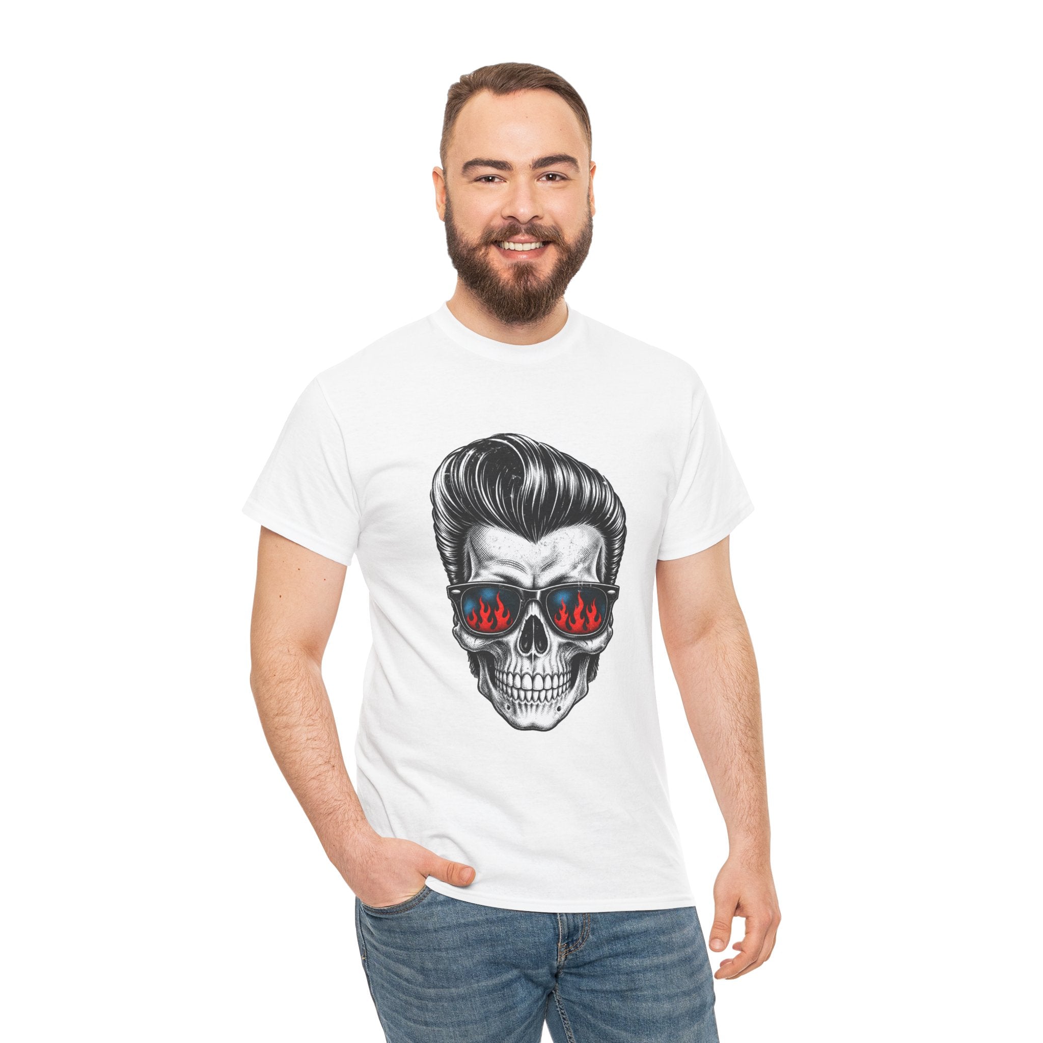 Skull Sunglasses Tee — Retro Pompadour Skull with Flaming Shades Graphic T-Shirt