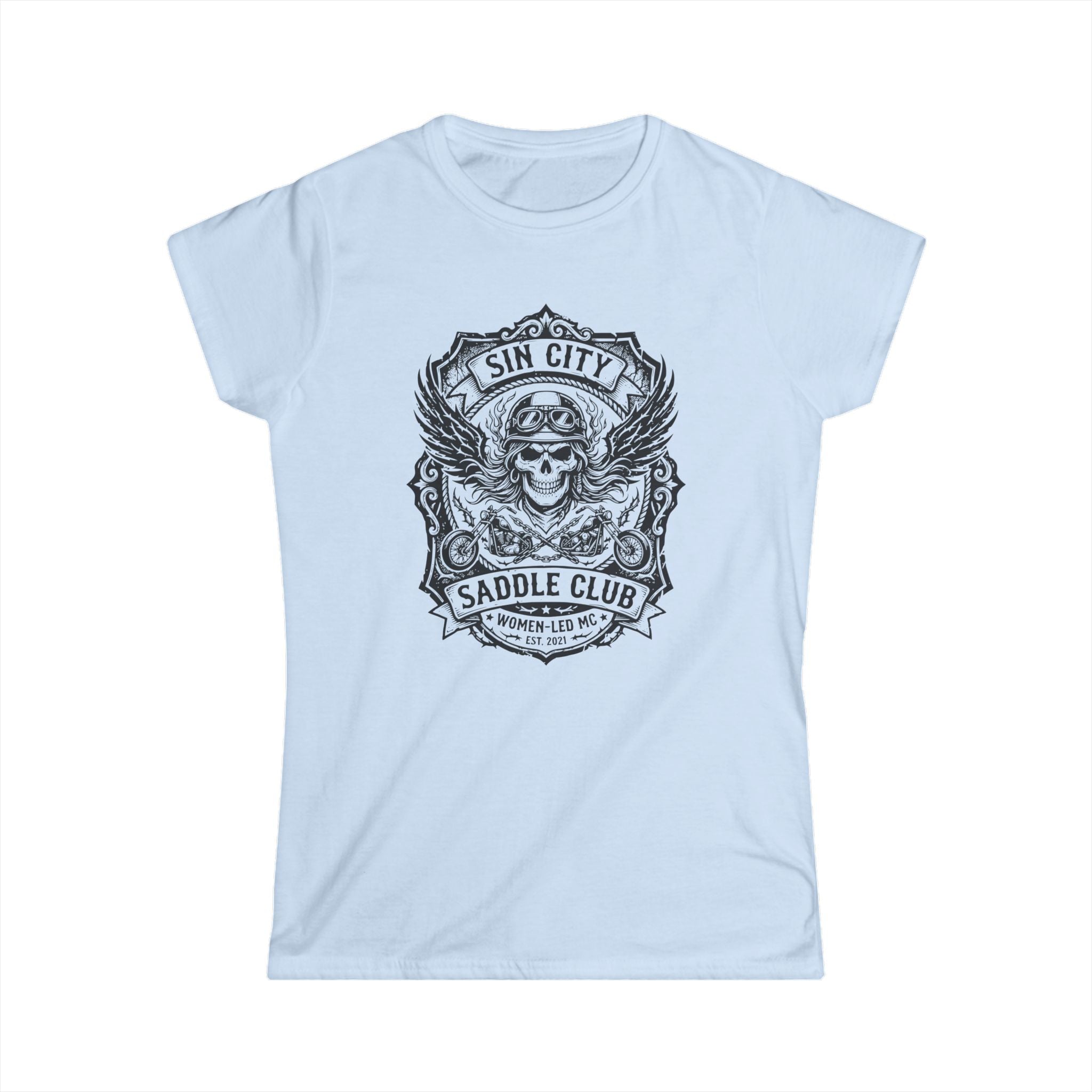 Sin City Saddle Club Skull Tee — Women's Biker Graphic T-Shirt