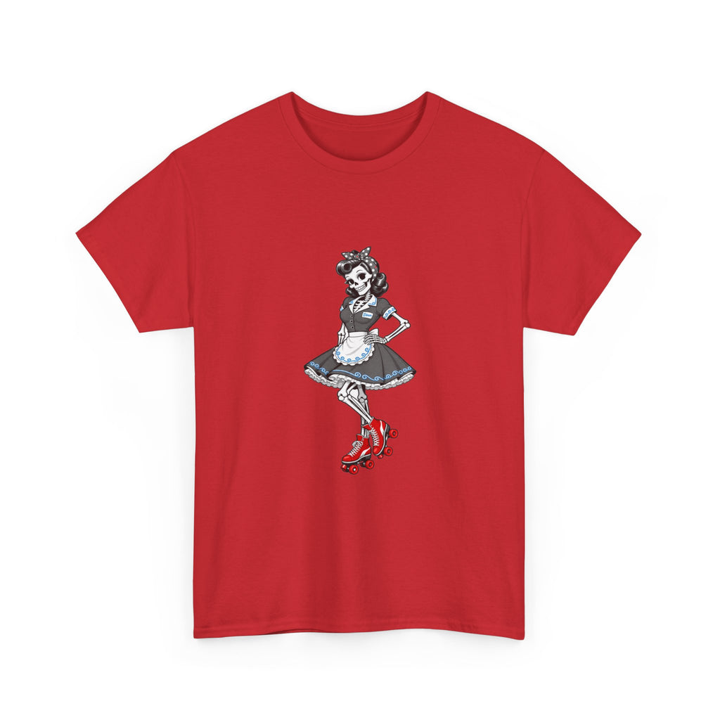 Vintage Gothic Doll T‑Shirt — Red Roller Skate Skeleton Girl Tee