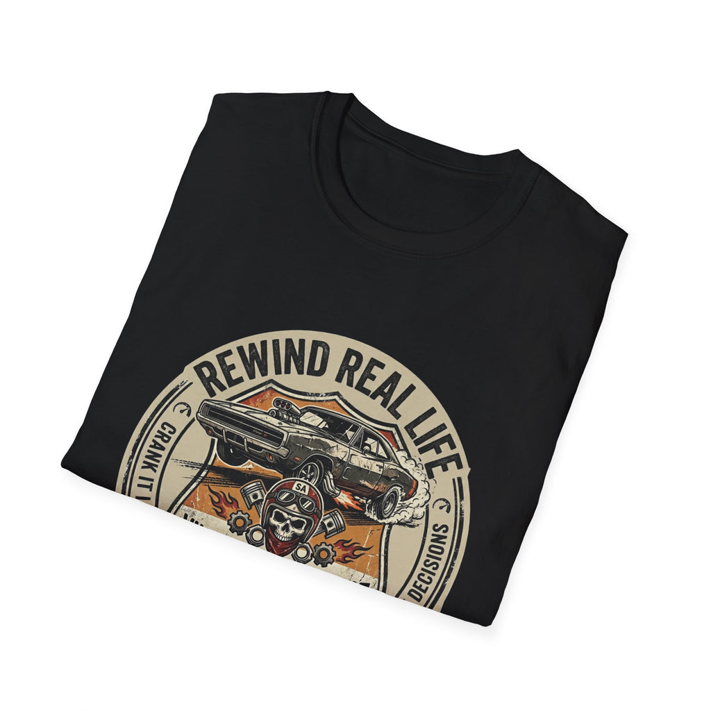 Vintage Muscle Car T-Shirt – "Rewind Real Life" Retro Speed Addict Graphic