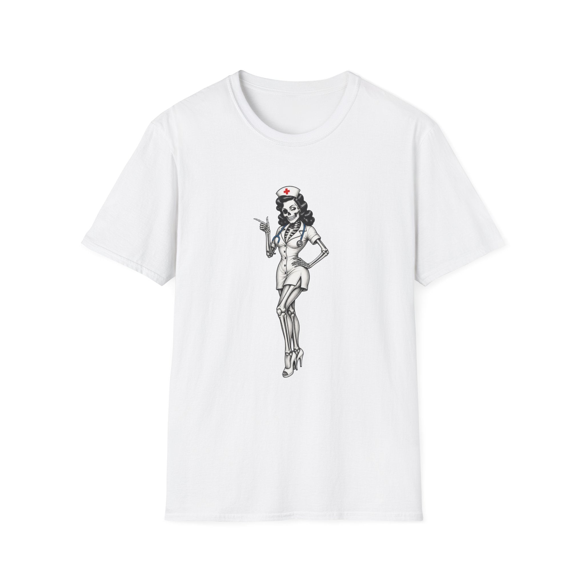 Vintage Pinup Nurse T-Shirt — Retro Skeleton Nurse Graphic Tee