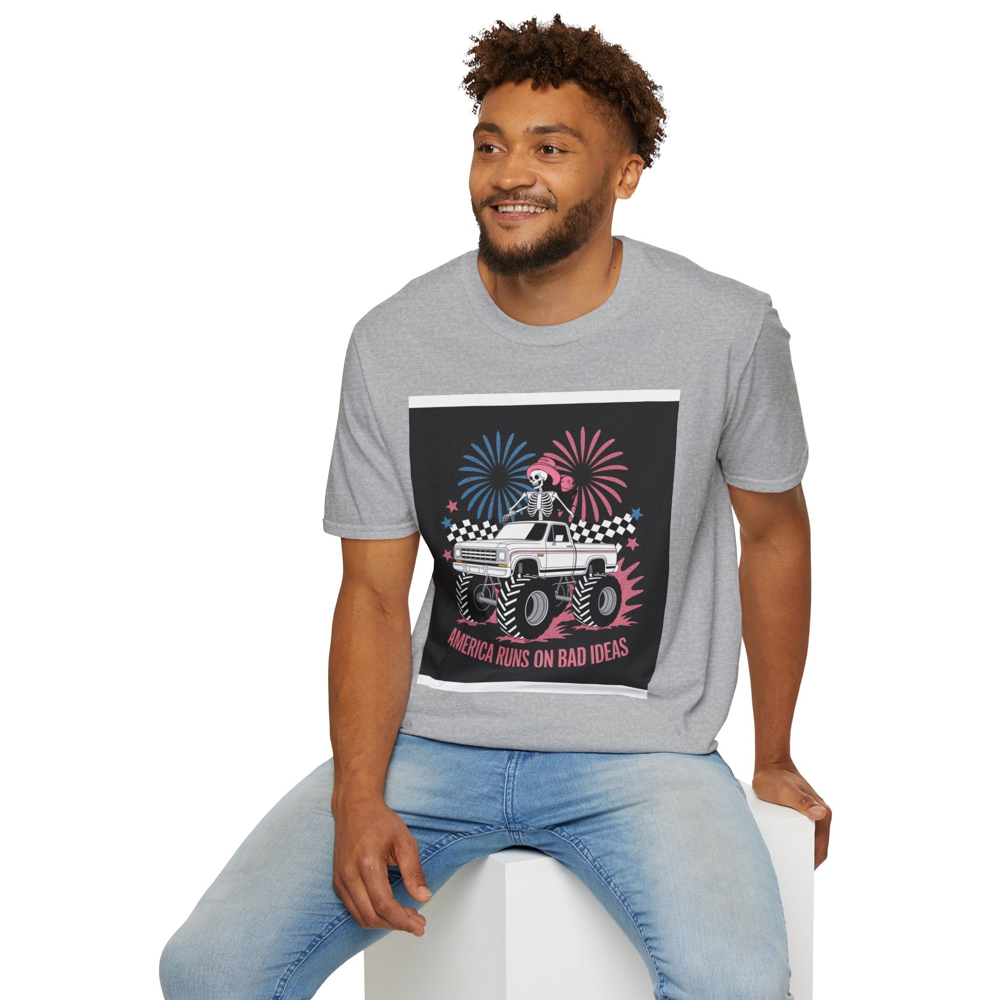 Fourth of July Monster Truck T‑Shirt — 'America Runs on Dad Jokes' Skeleton Design